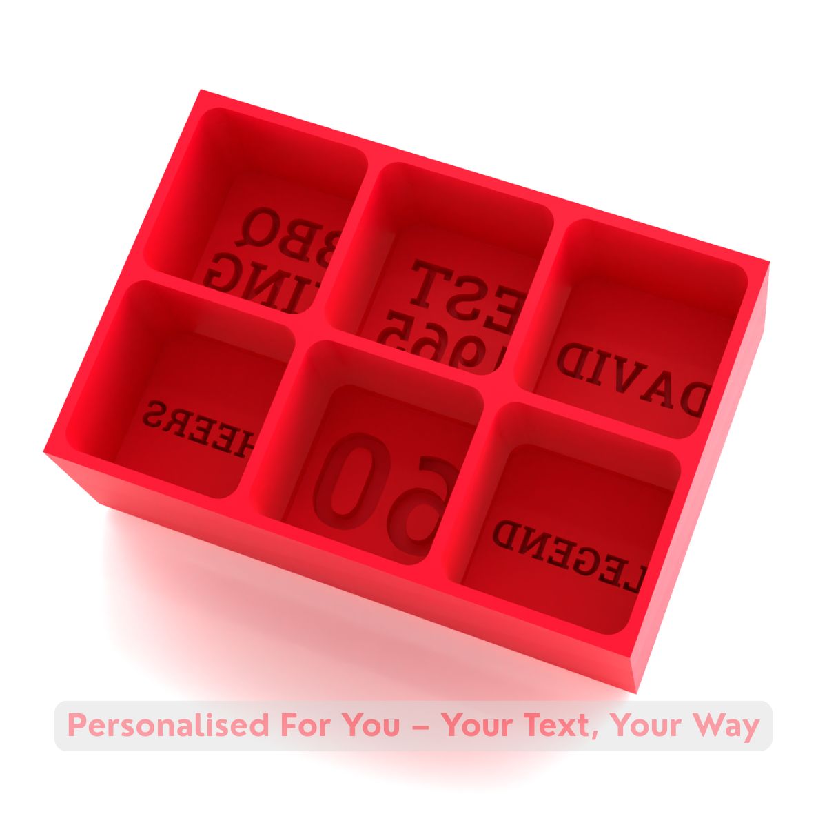 Vivid-red silicone tray shaping six party-ready cubes with personal words or numbers – perfect for bold birthday celebrations.