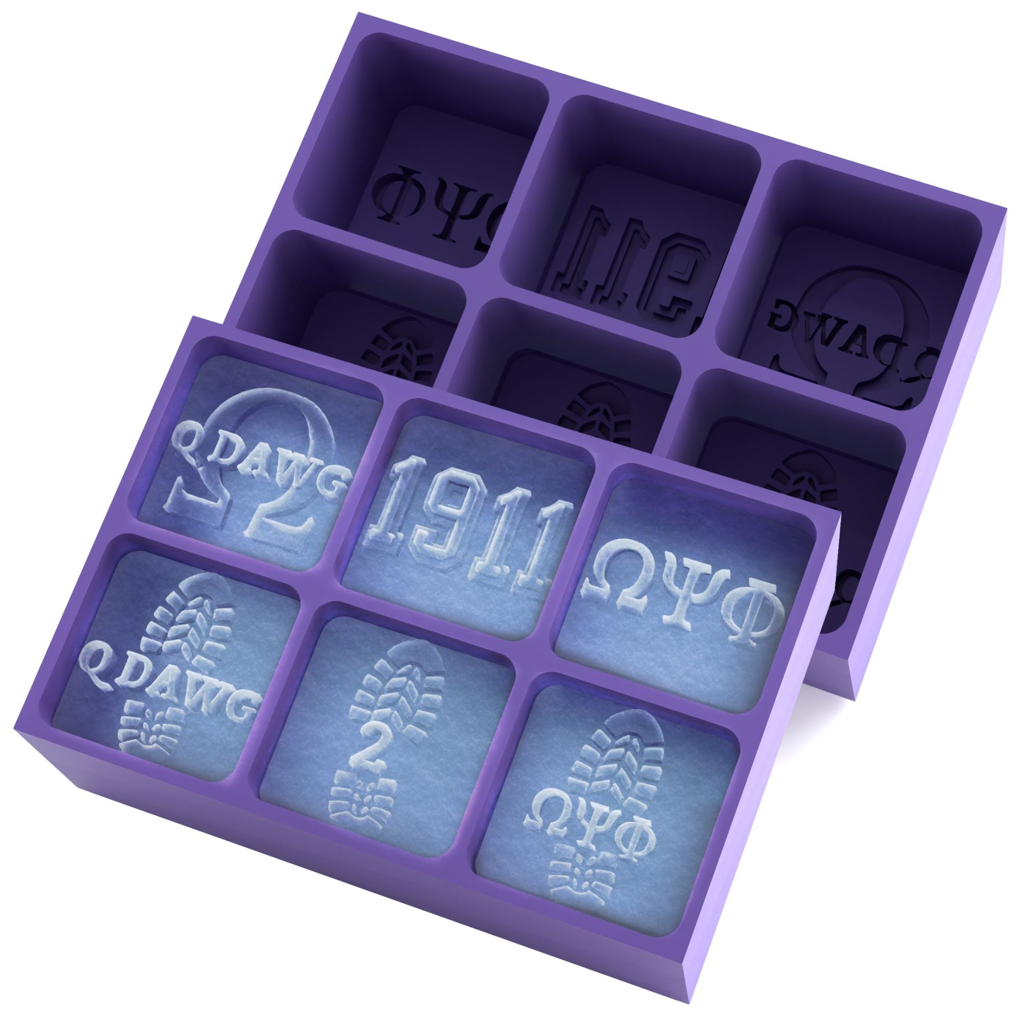 Purple 6-cube tray with Greek letters, numbers, and symbols frozen into clear cubes — personalised fraternity or event ice mould.
