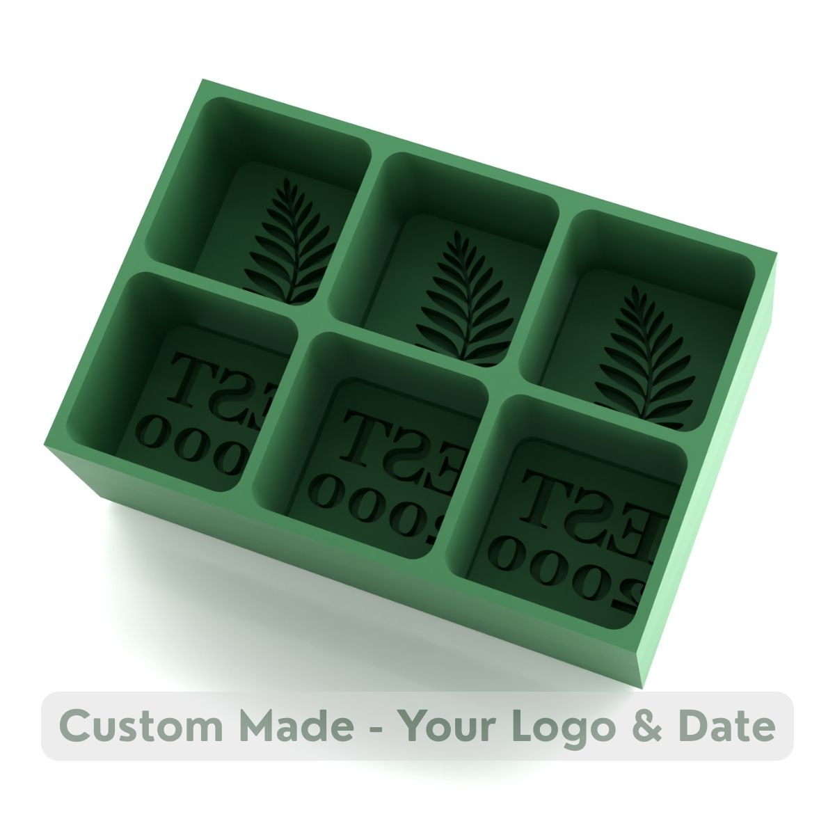 Green custom ice cube tray with botanical fern leaf design and EST 2000 text compartments for nature-themed personalized ice
