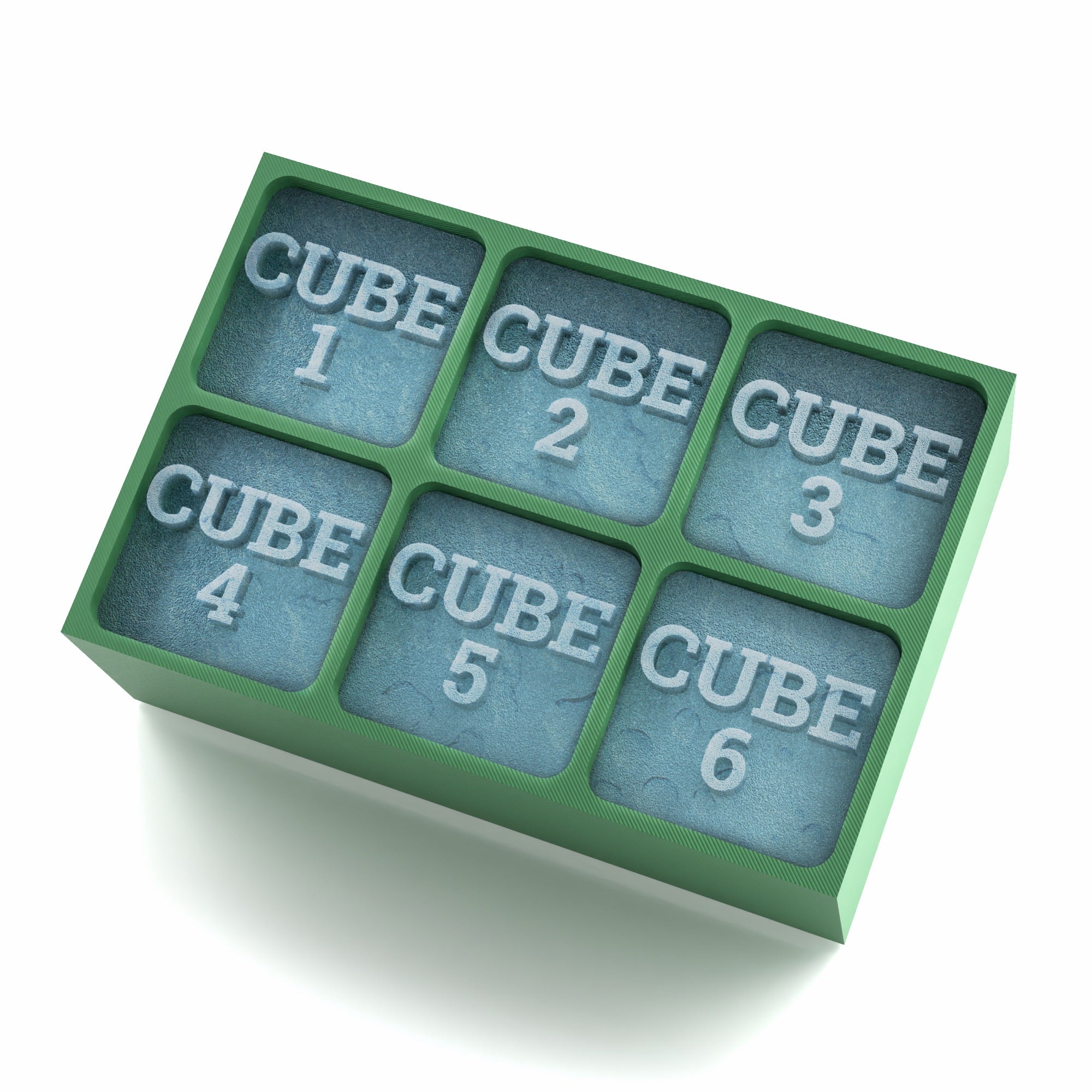 Green ice tray showing sample engravings from CUBE 1 to CUBE 6, made from flexible silicone.