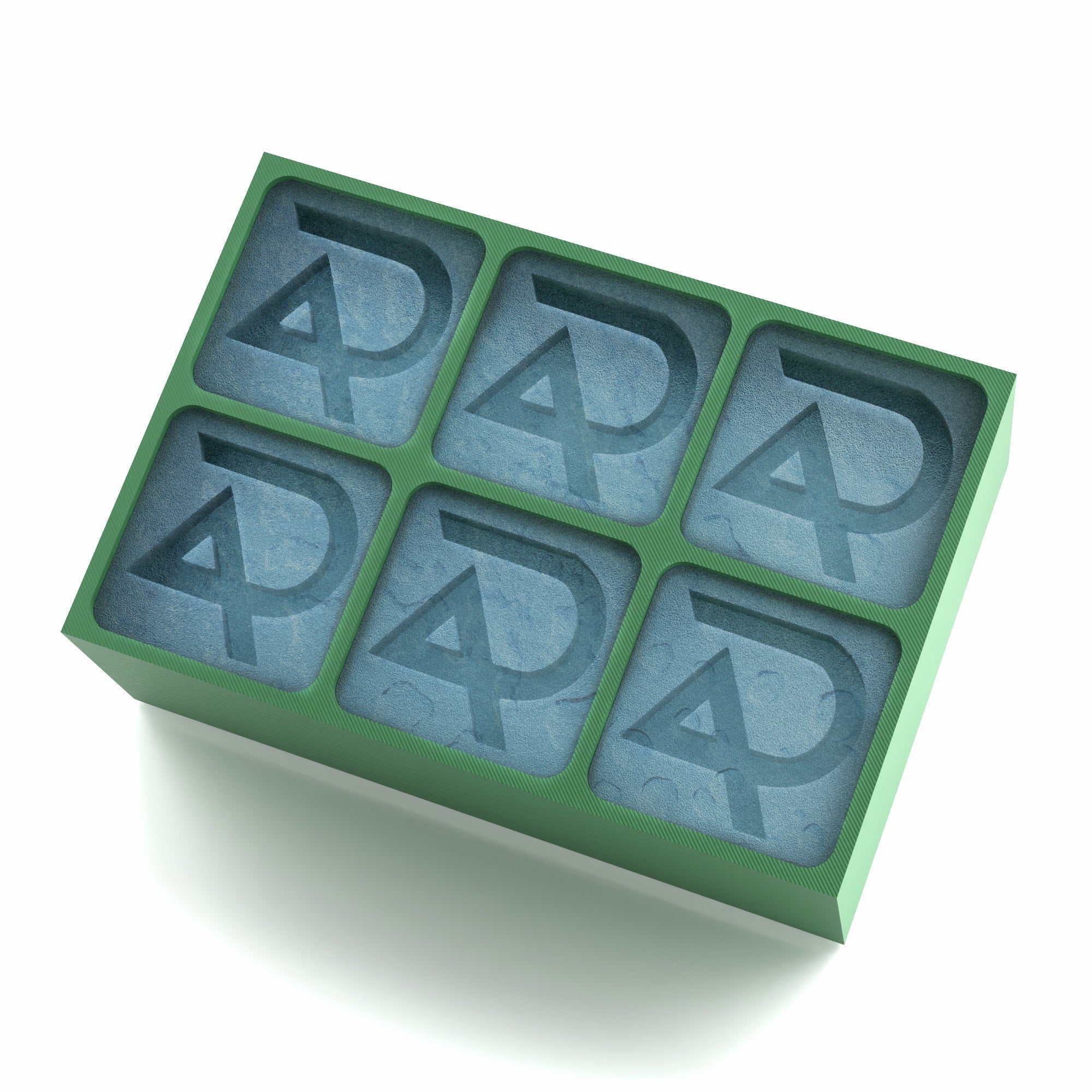 Eco-toned green tray casting six custom AP ice cubes – a unique promotional product for sustainable-minded businesses.