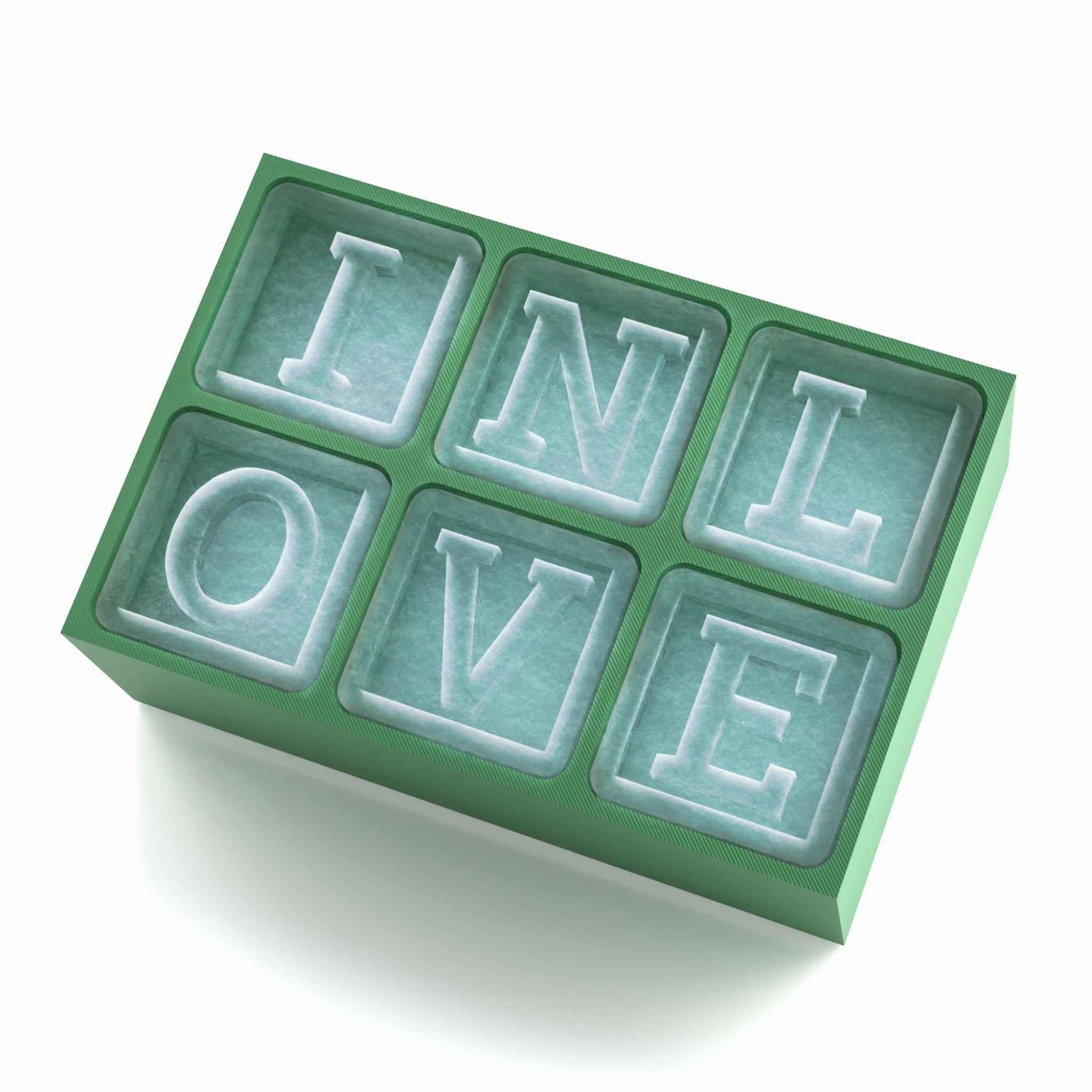 Playful green ice tray with bold "IN LOVE" lettering, ideal for wedding festivities and love-themed events.