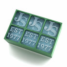Green silicone ice tray engraved with JS and EST 1977 – ideal for honouring someone’s birth year with a personalised touch in every pour.