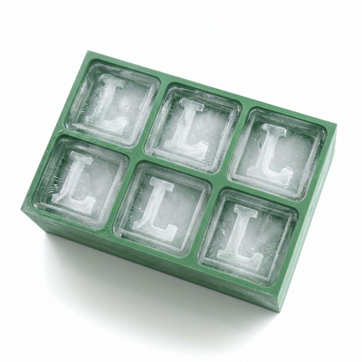 Vibrant green personalised ice tray with L design – unique and fun gift idea