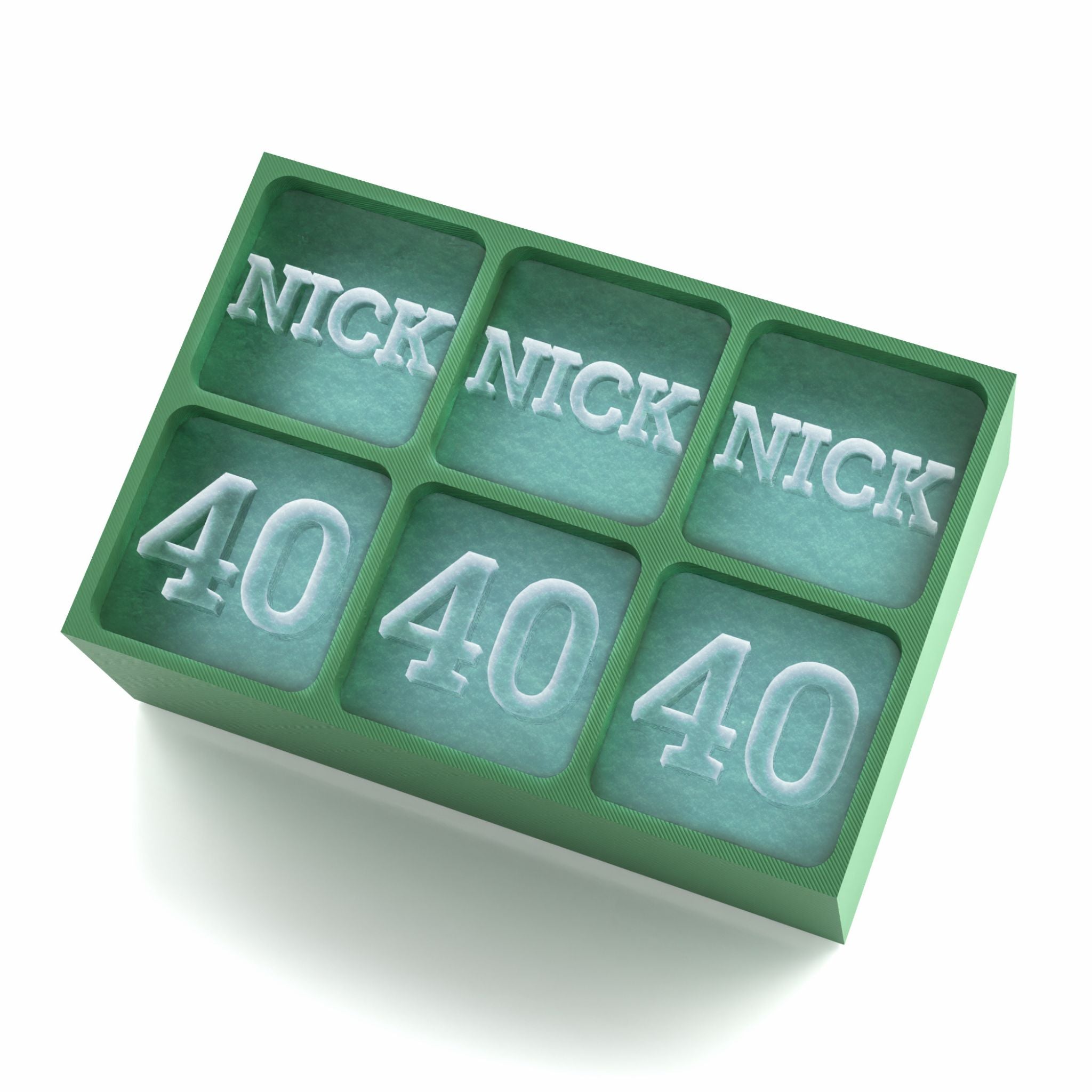 Personalised green tray with raised “NICK” and “40” cubes – a unique ice gift that’s ideal for milestone birthdays and whisky lovers.