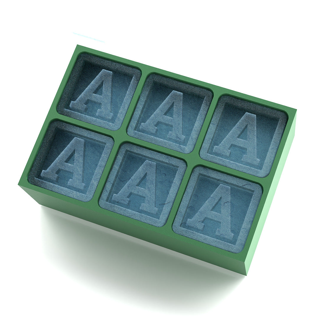 Green silicone ice cube tray featuring the letter A monogram in each cube – 6-cube personalised mould, perfect for birthday and gifting occasions
