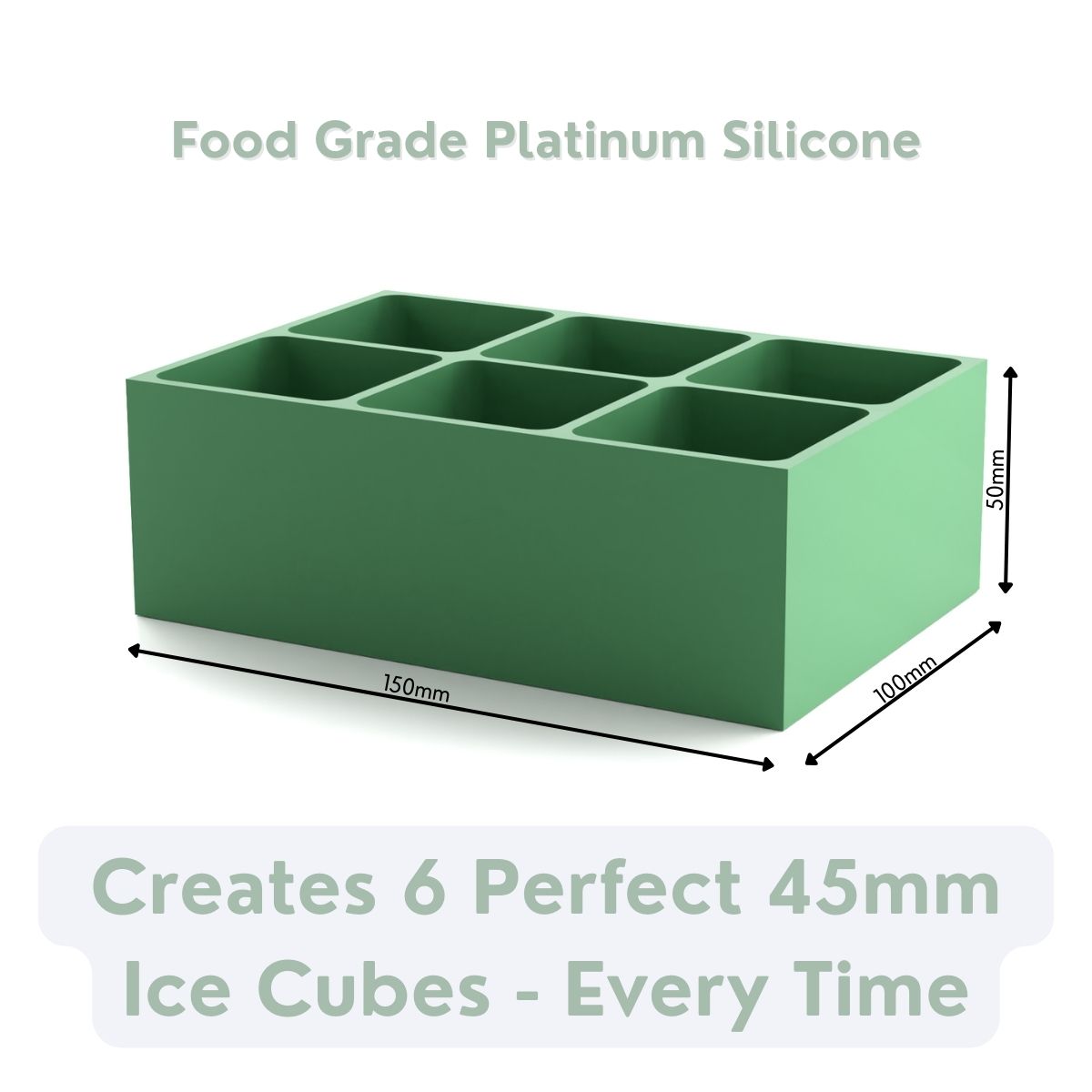 Premium green platinum-silicone ice tray, food-safe and sturdy, creates six bold 45 mm cubes that fit perfectly in any glass.
