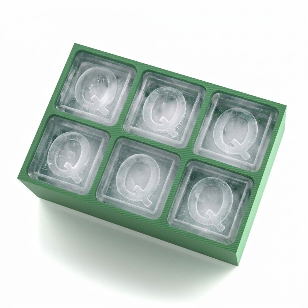 Vibrant green personalised ice tray with Q design – unique and fun gift idea