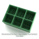 Green handmade ice tray with R & L initials and EST 2025 cubes – romantic wedding or anniversary present.