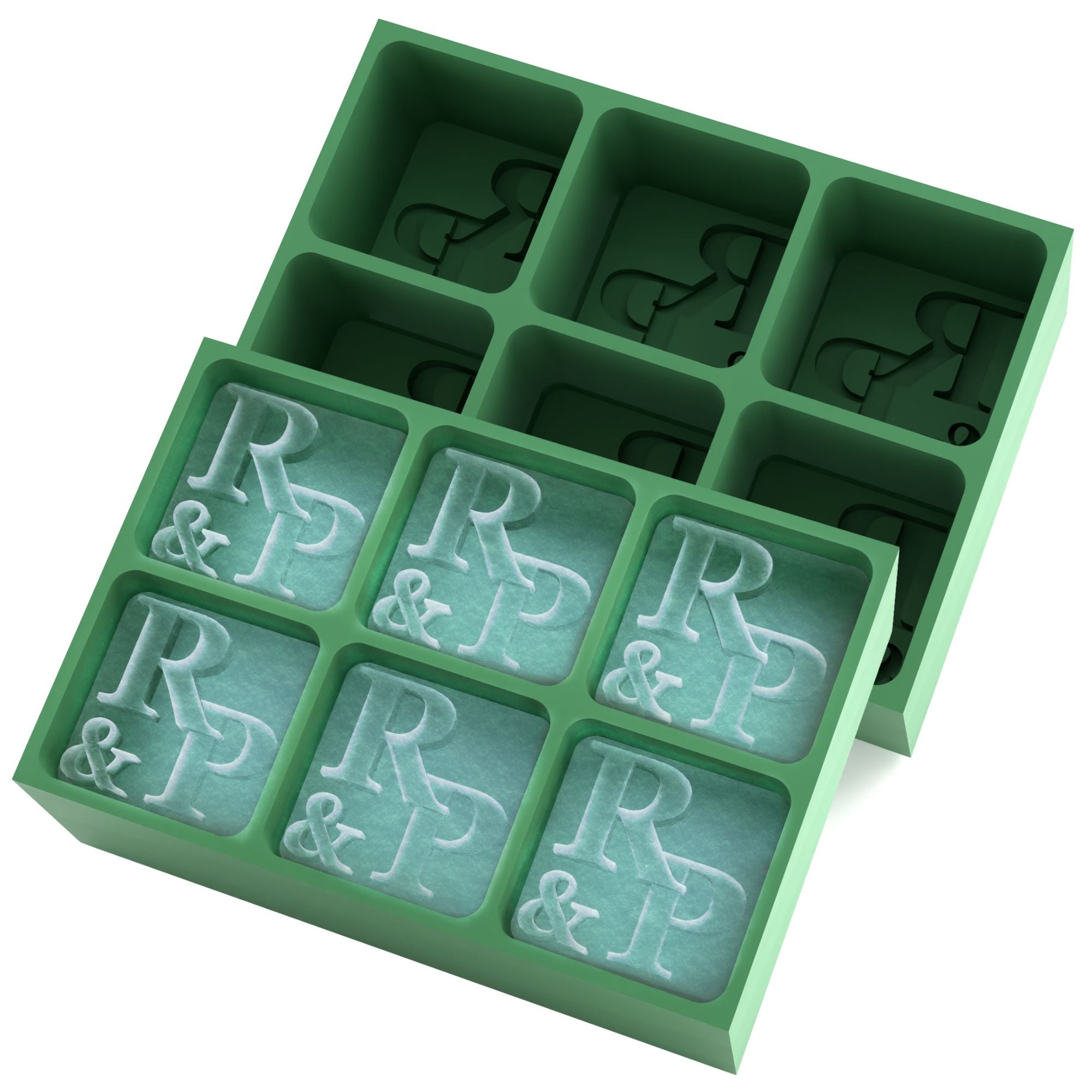 Personalised green silicone ice tray creating R&P cubes — perfect for weddings, initials, or corporate branding.