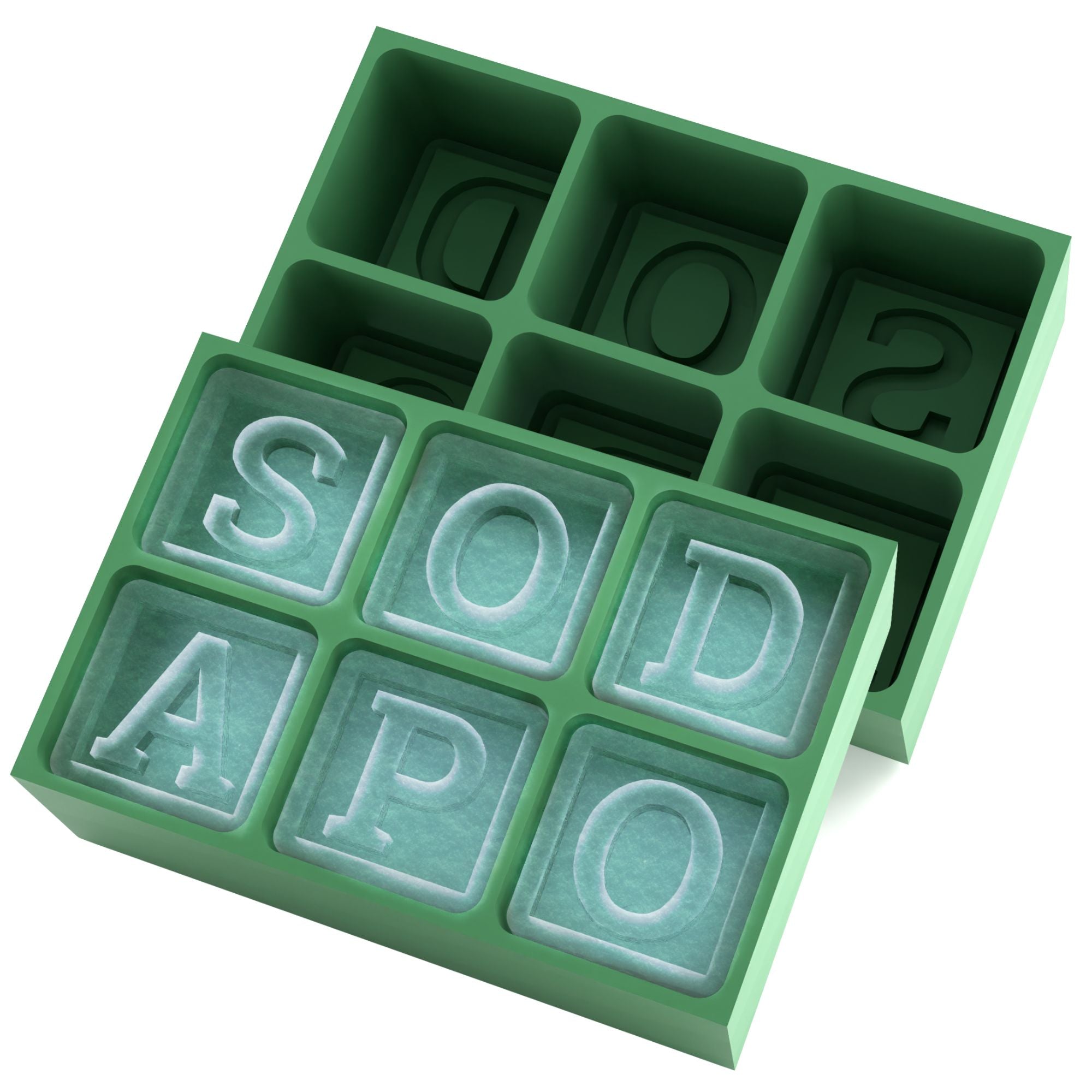 Custom green ice tray forming bold SODA APO cubes — handmade in Australia, ideal for events, branded drinks, or unique gifts.