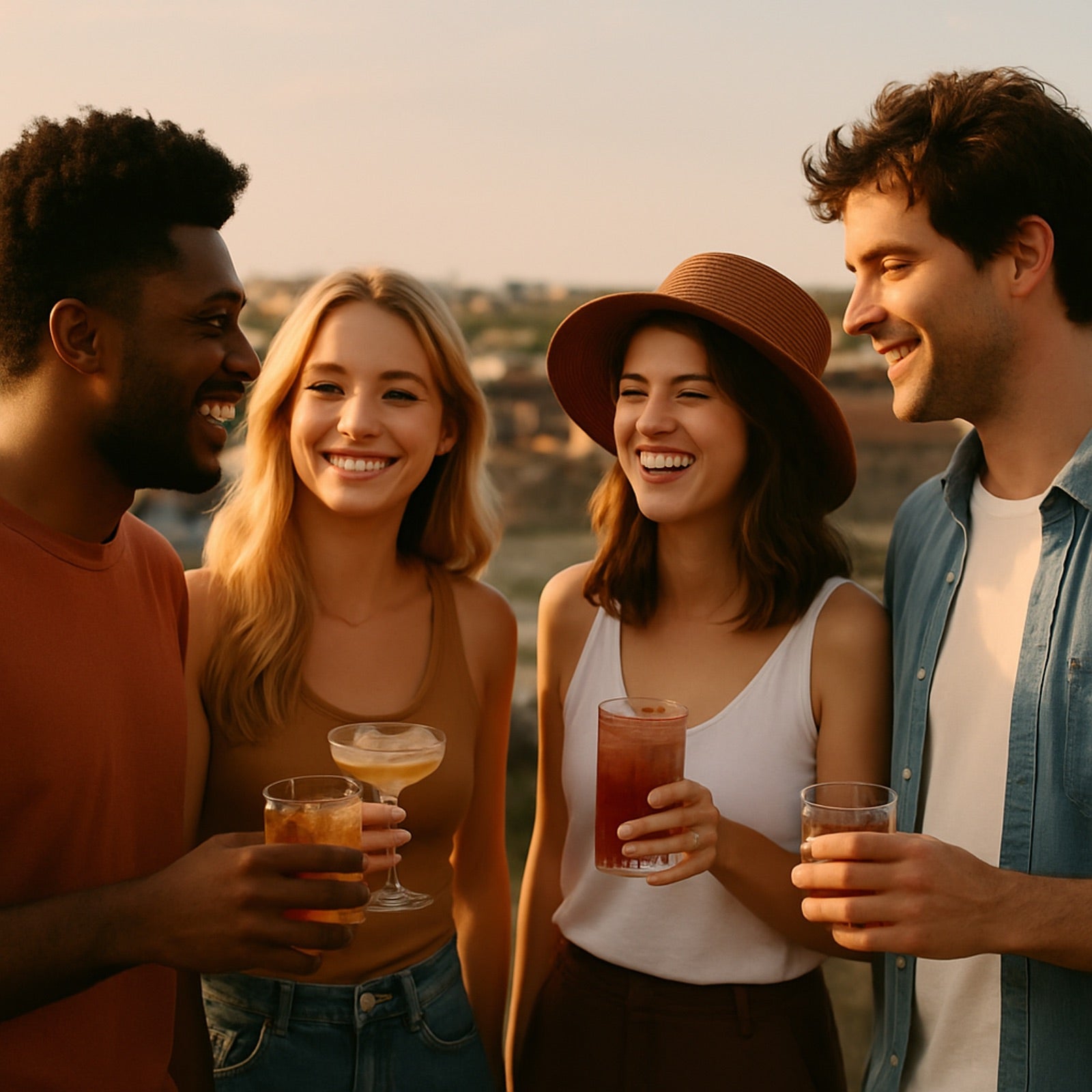 Four young adults laughing and holding cocktails during a sunny rooftop get-together, dressed casually in warm-toned outfits with city views in the background. Fun and social summer vibe.