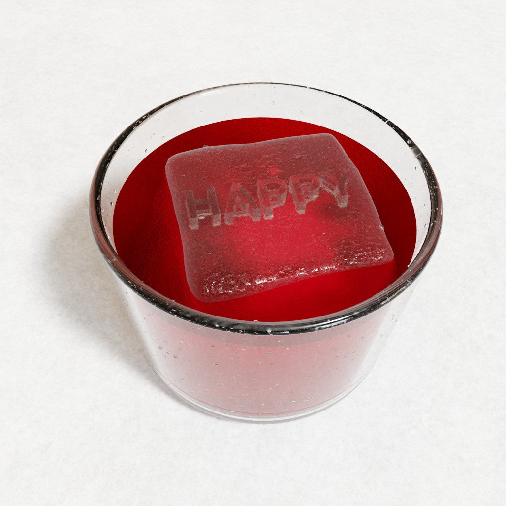 Red drink with a clear HAPPY ice cube crafted from a handmade platinum-silicone tray, capturing the warmth and joy of personalised Australian design.