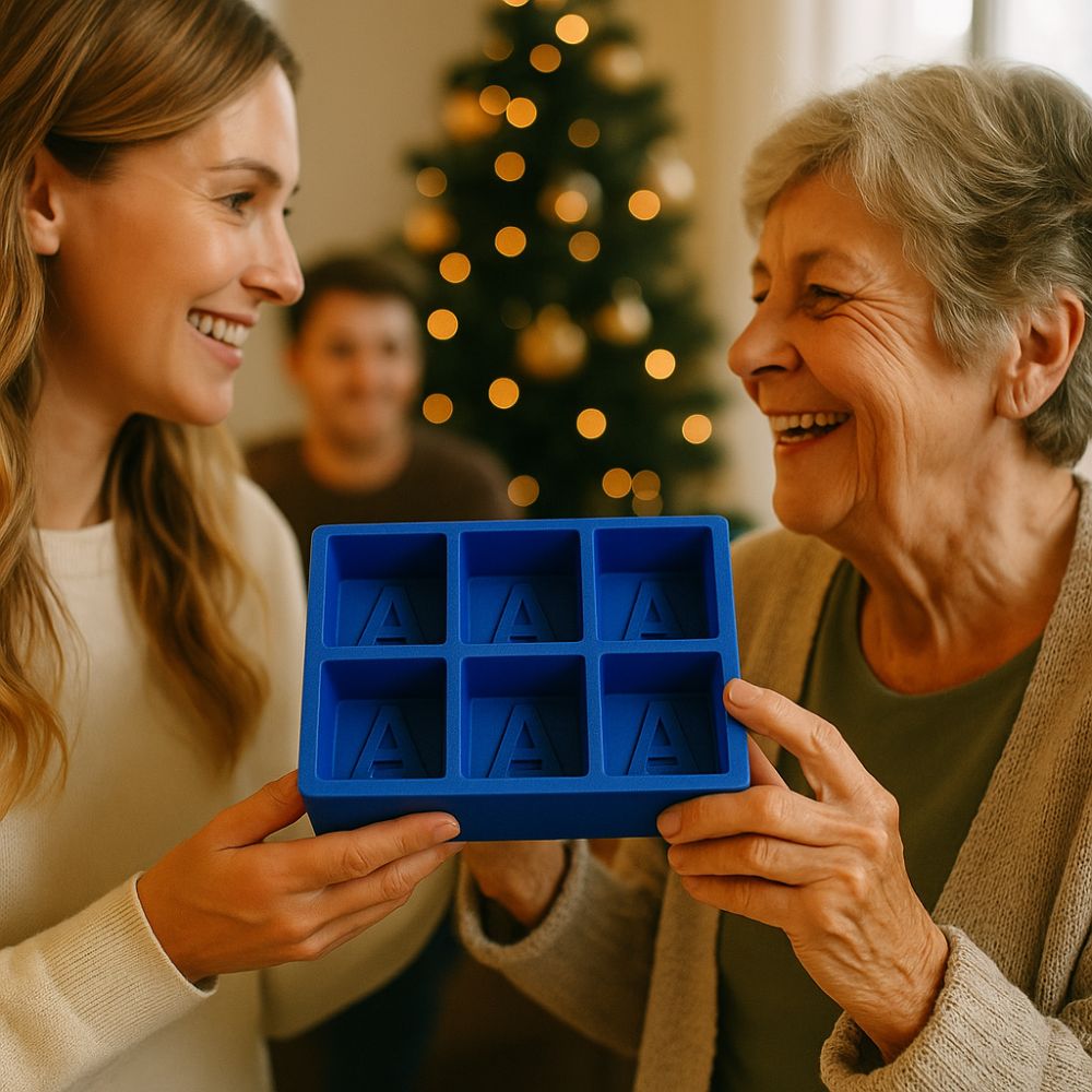A young woman and an older woman share a warm moment as one gifts a custom blue alphabet ice tray. A Christmas tree sparkles softly in the background.
