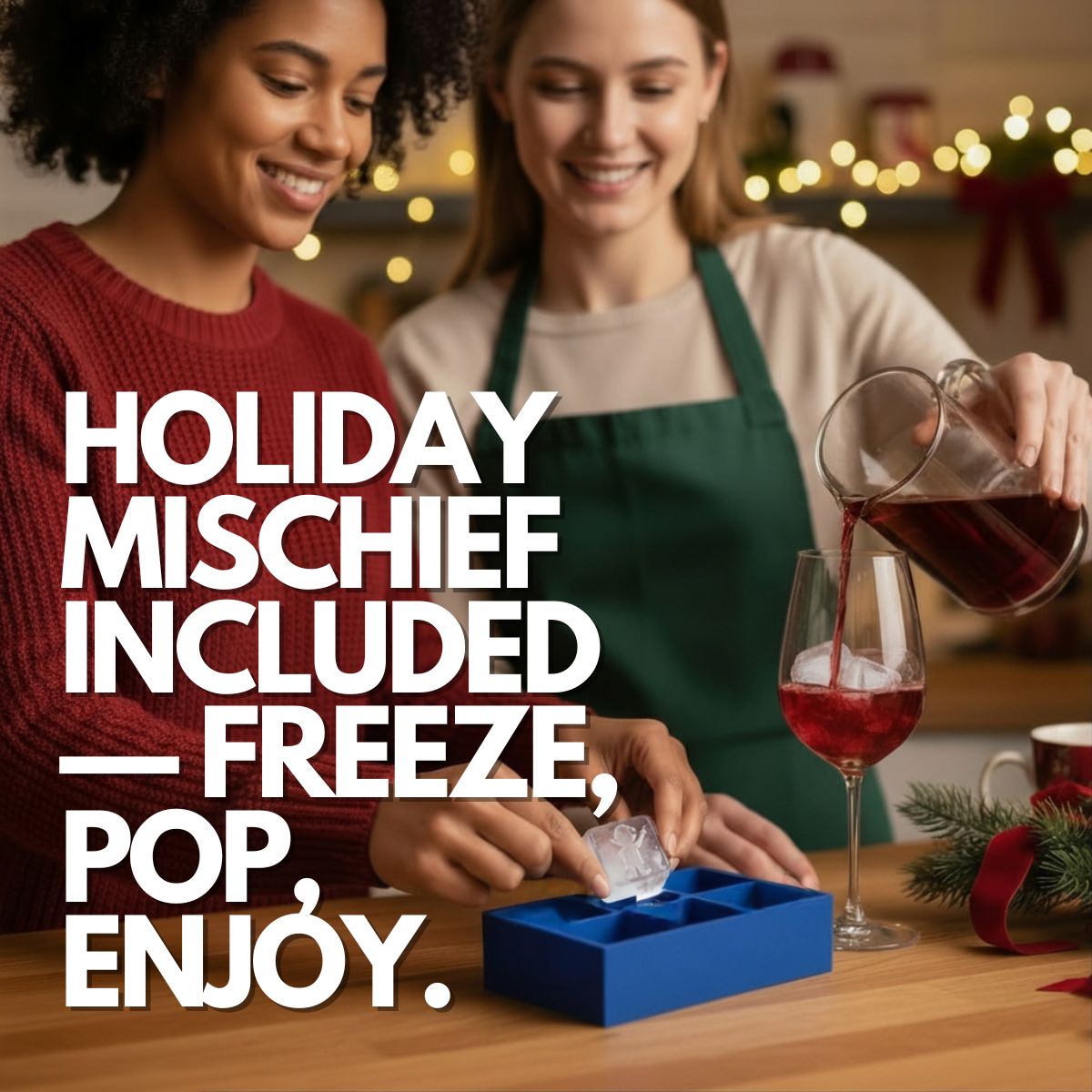 Two people preparing festive drinks with a blue elf ice tray on the counter, pouring cocktails and enjoying holiday celebration moments.