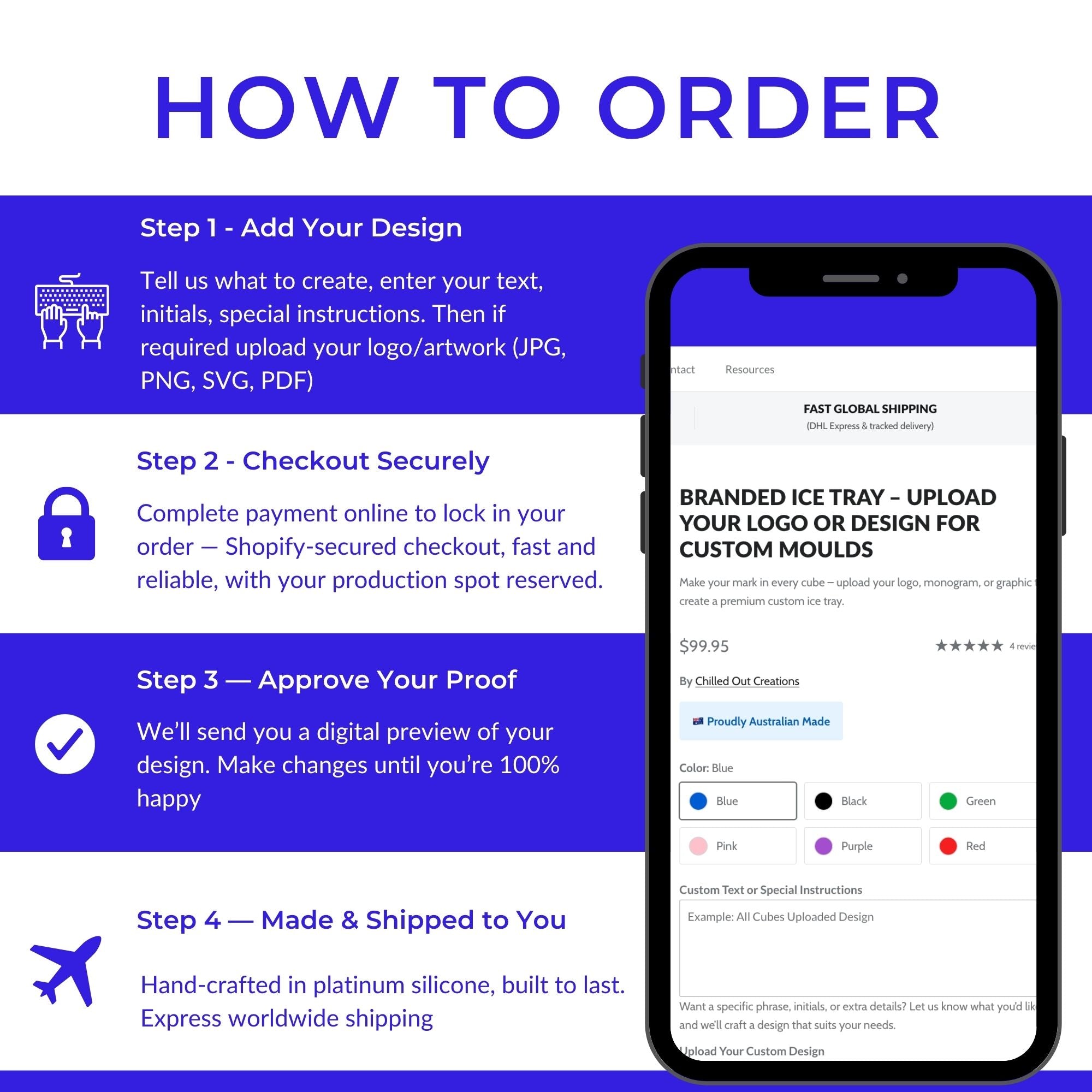Step-by-step guide showing how to order custom branded ice trays from Chilled Out Creations. Step 1: Add your design by entering text or uploading artwork (JPG, PNG, SVG, PDF). Step 2: Checkout securely online. Step 3: Approve your digital proof with unlimited changes. Step 4: Made in platinum silicone and shipped worldwide with express delivery.