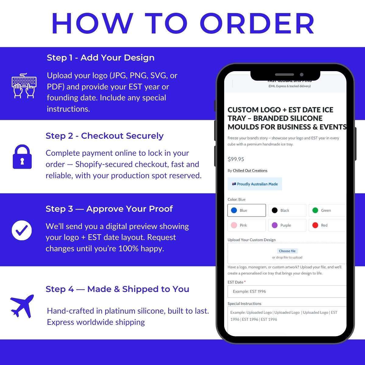 Step-by-step ordering process infographic for custom logo ice trays showing mobile phone interface with design upload, secure checkout, proof approval, and shipping steps for personalized silicone ice cube molds