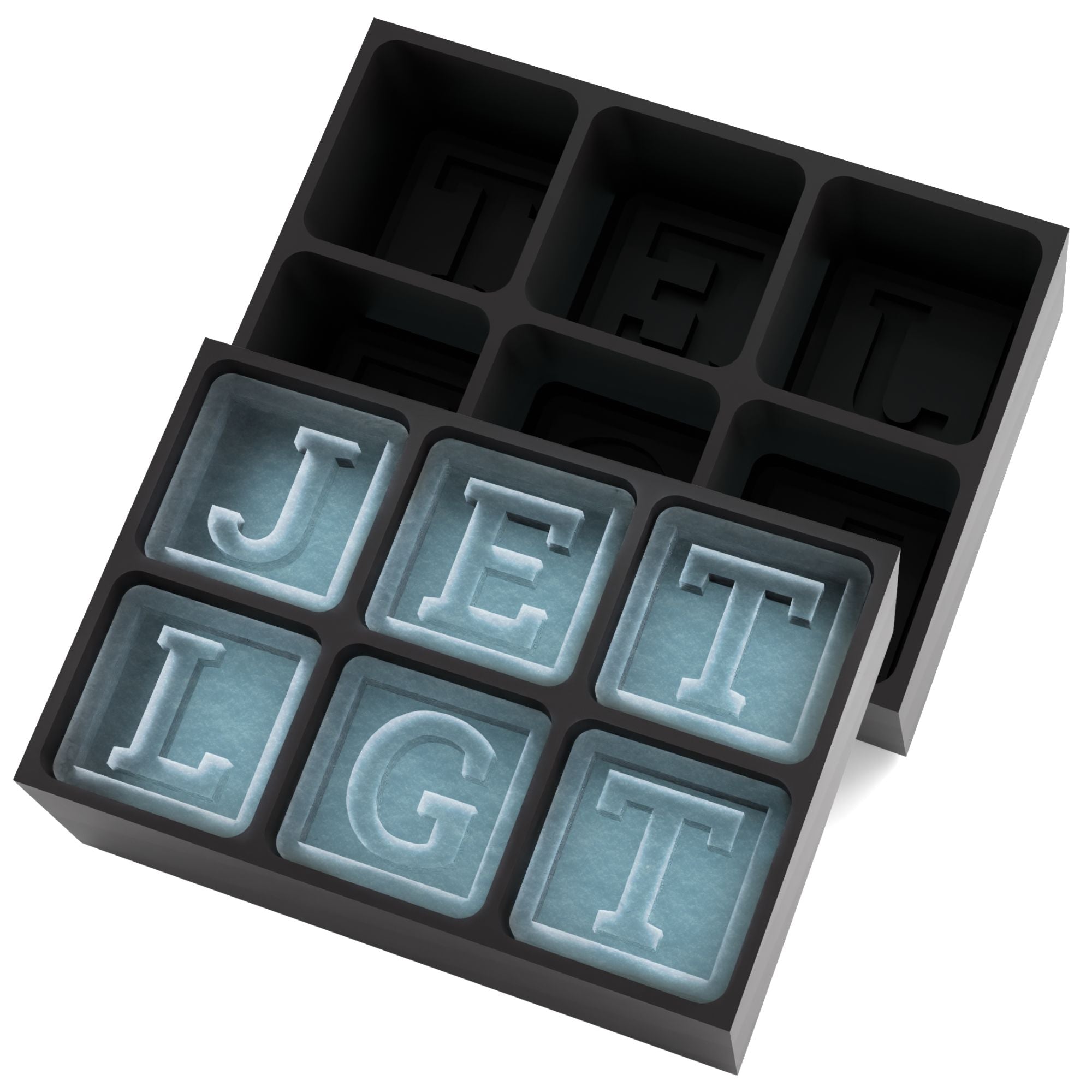 Black 6-cube silicone tray with bold block letters JET LGT frozen into cubes — custom branded ice mould for cocktails and events.