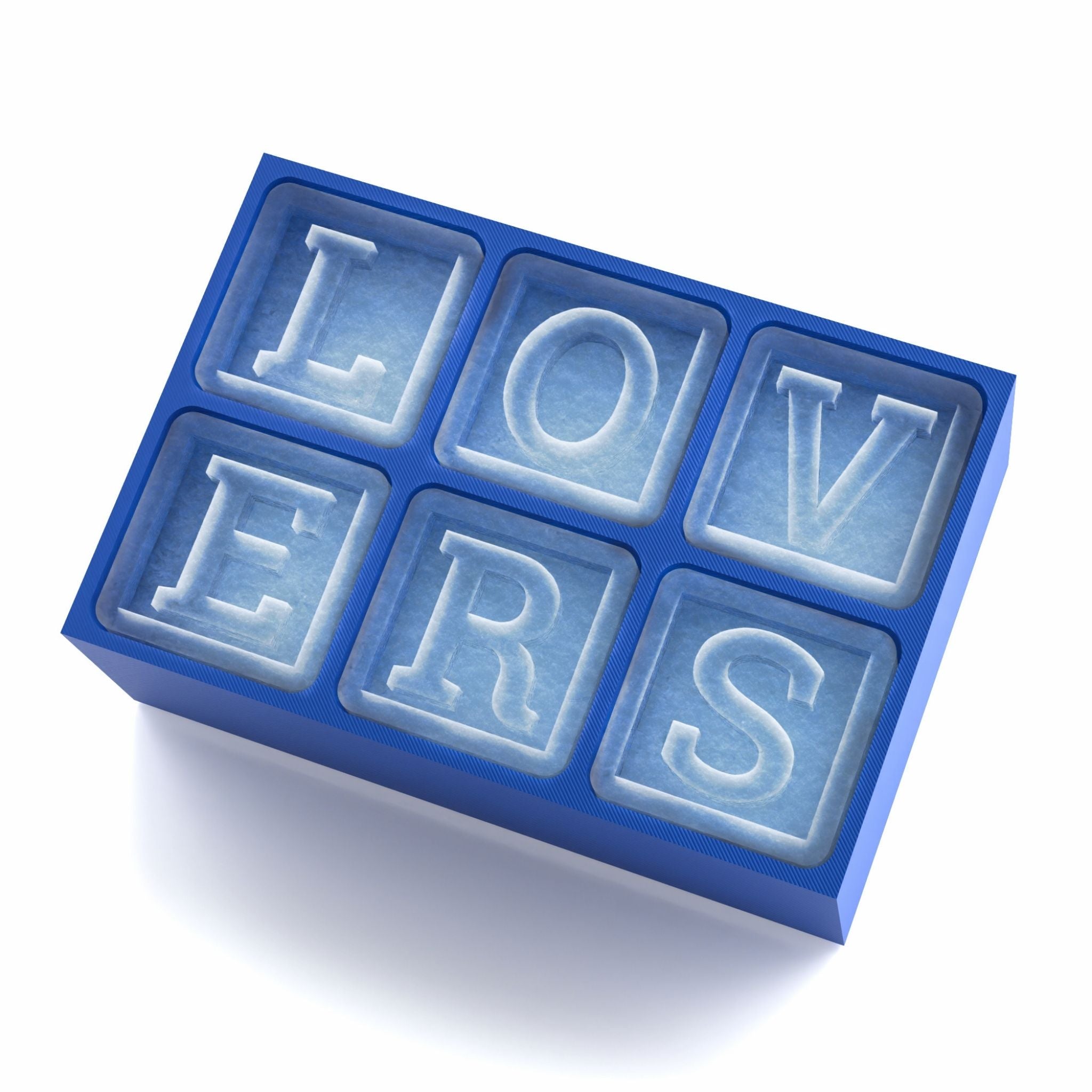 Overhead photo of blue 6-cube silicone ice tray spelling LOVERS, perfect for anniversaries or weddings