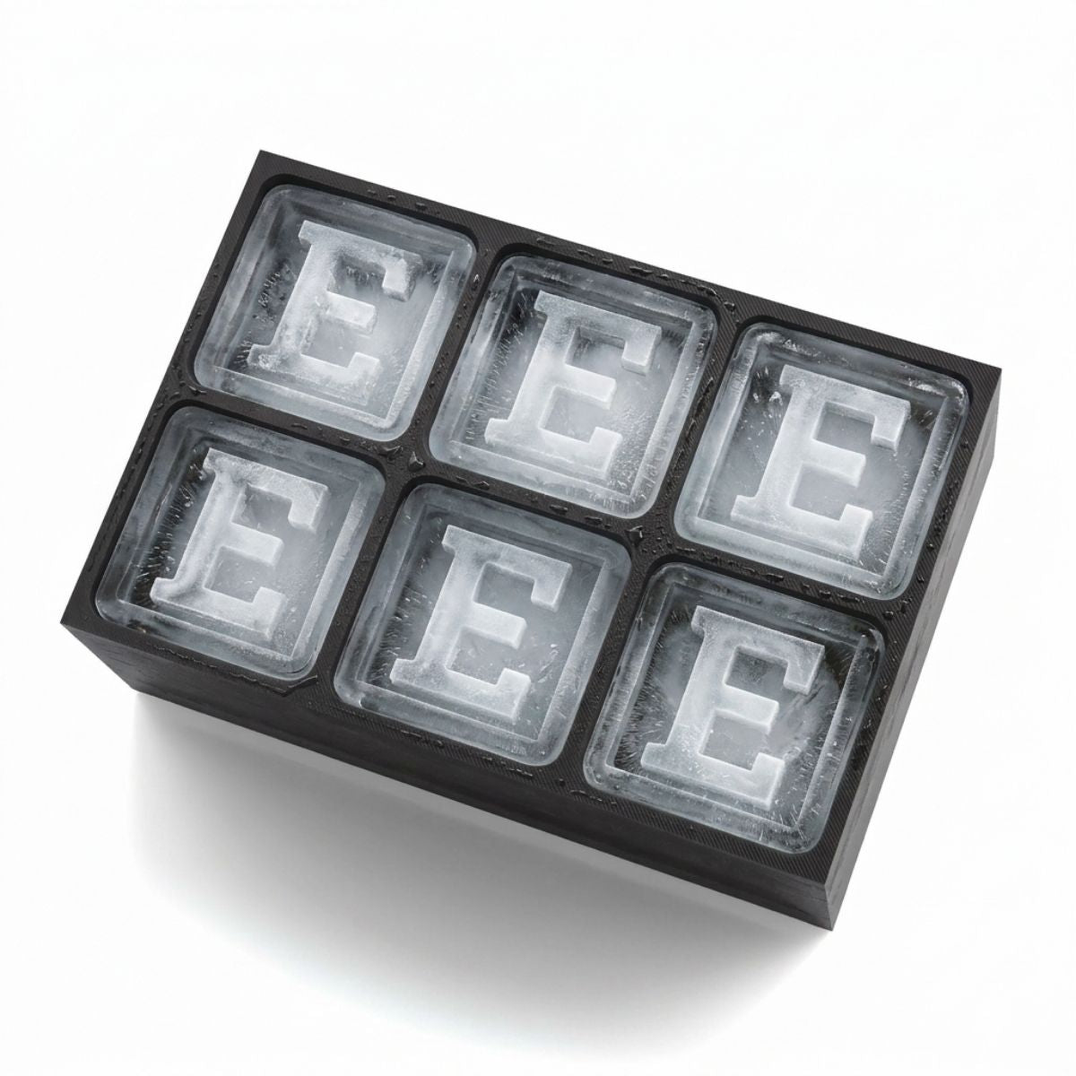 Sleek black ice tray forming E-shaped cubes – ideal for birthdays or thoughtful presents