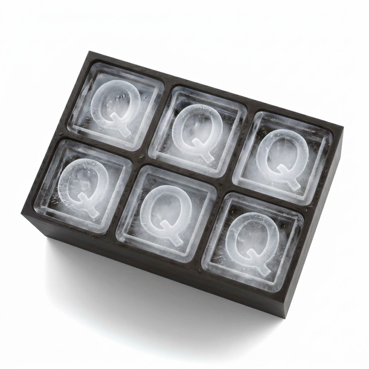 Sleek black ice tray forming Q-shaped cubes – ideal for birthdays or thoughtful presents