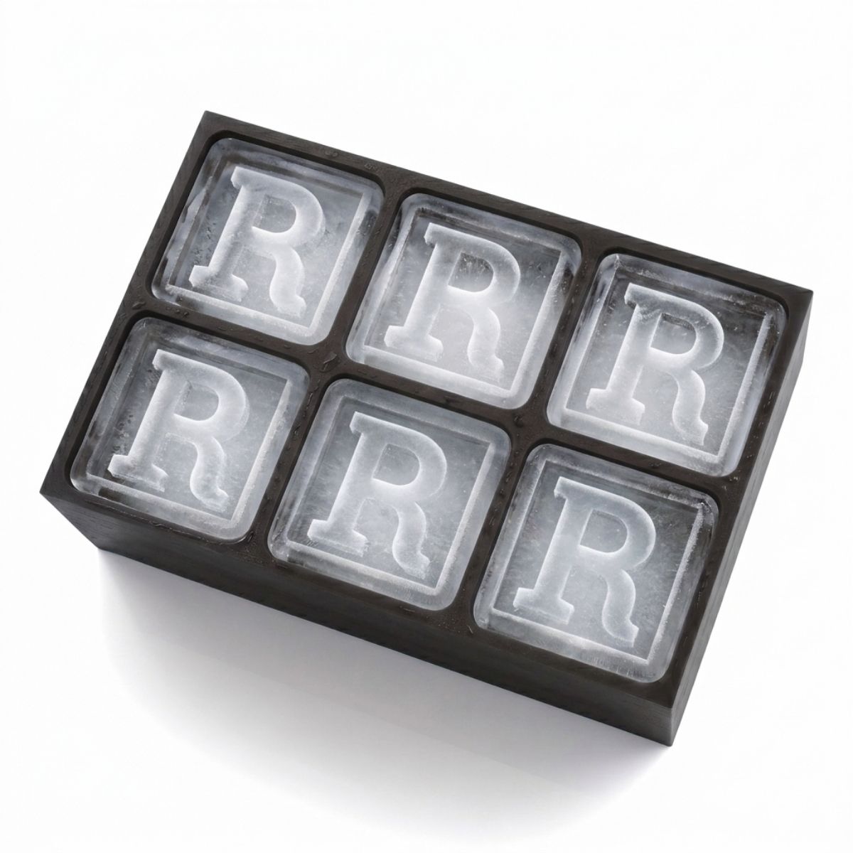 Sleek black ice tray forming R-shaped cubes – ideal for birthdays or thoughtful presents