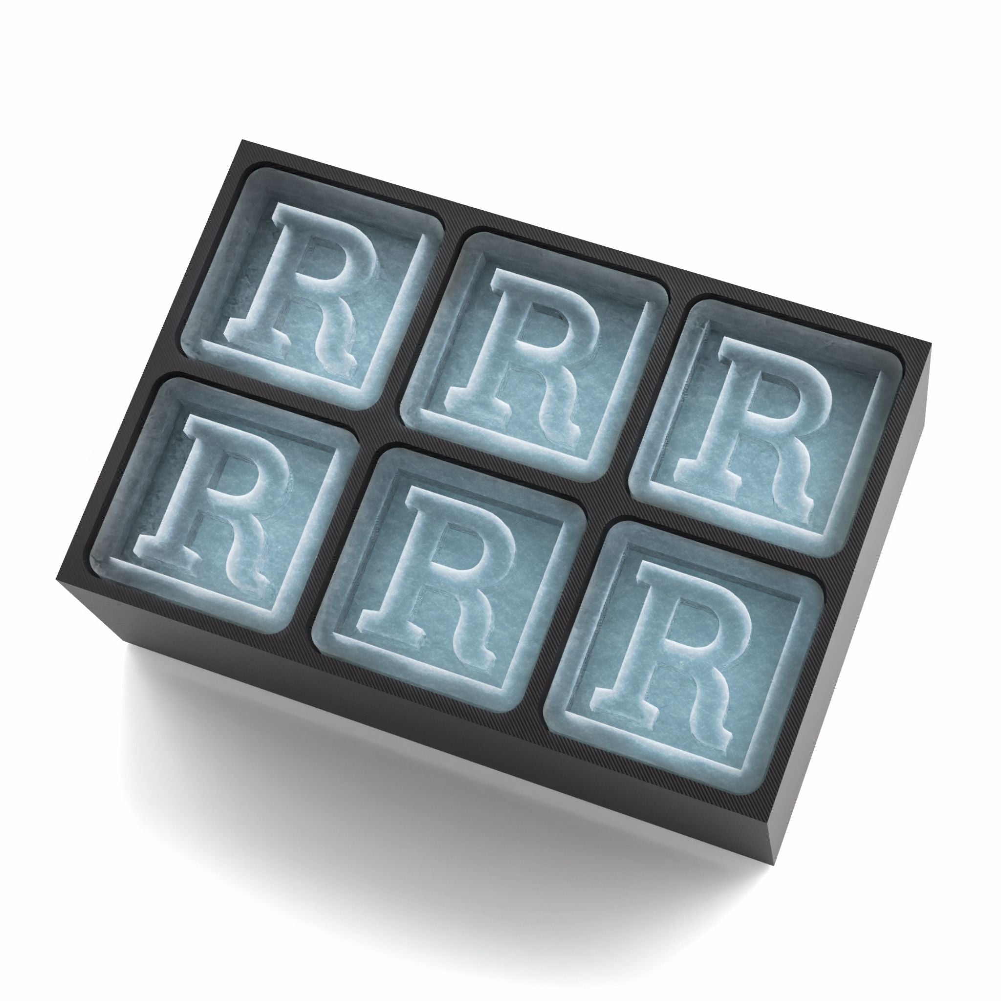 Sleek black ice tray forming R-shaped cubes – ideal for birthdays or thoughtful presents