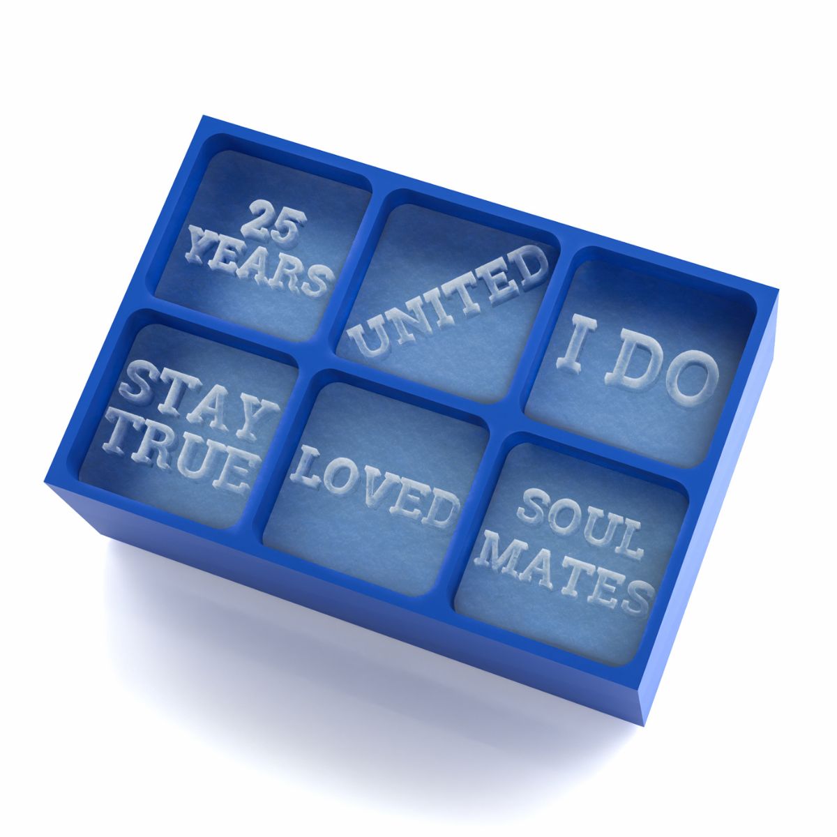 Handmade blue silicone ice cube tray featuring raised romantic words “25 Years”, “I Do”, “Loved”, and “Soul Mates”. Premium platinum-silicone tray crafted in Australia.