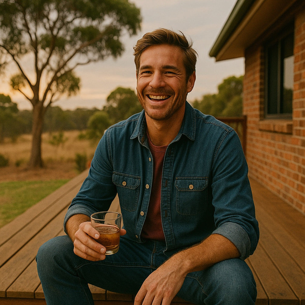 A cheerful man in a denim shirt smiles while sitting on a wooden deck at sunset, holding a drink in hand with trees and fields in the background. Casual and relaxed Australian lifestyle vibe.