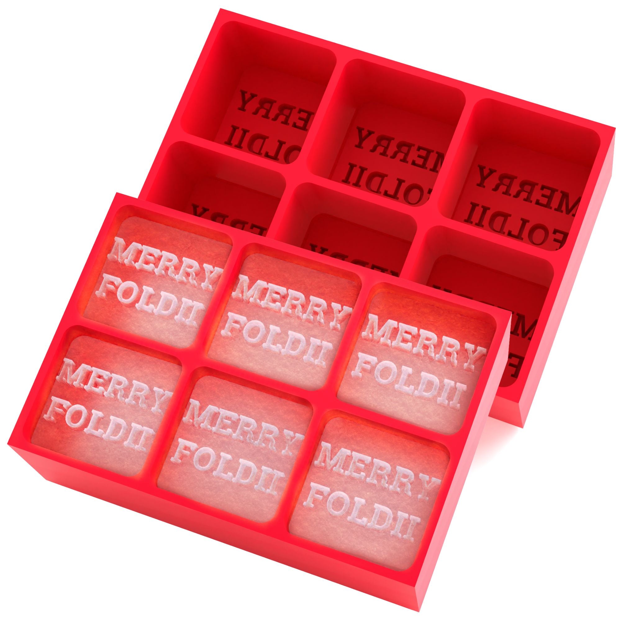 Red silicone mold with 'Merry Foldii' text on a white background