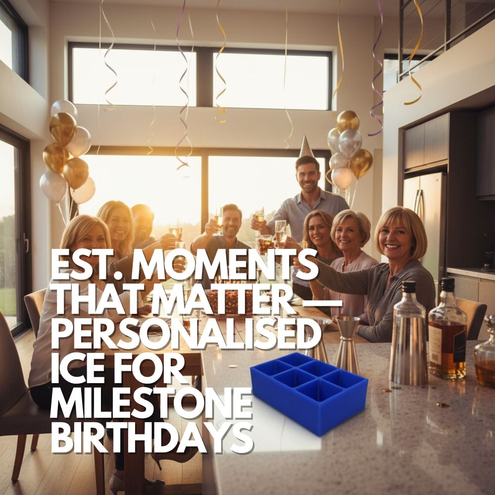 Family celebrating a milestone birthday at home with drinks and balloons, featuring a royal-blue personalised ice tray on the counter for custom initials and EST. year cubes.