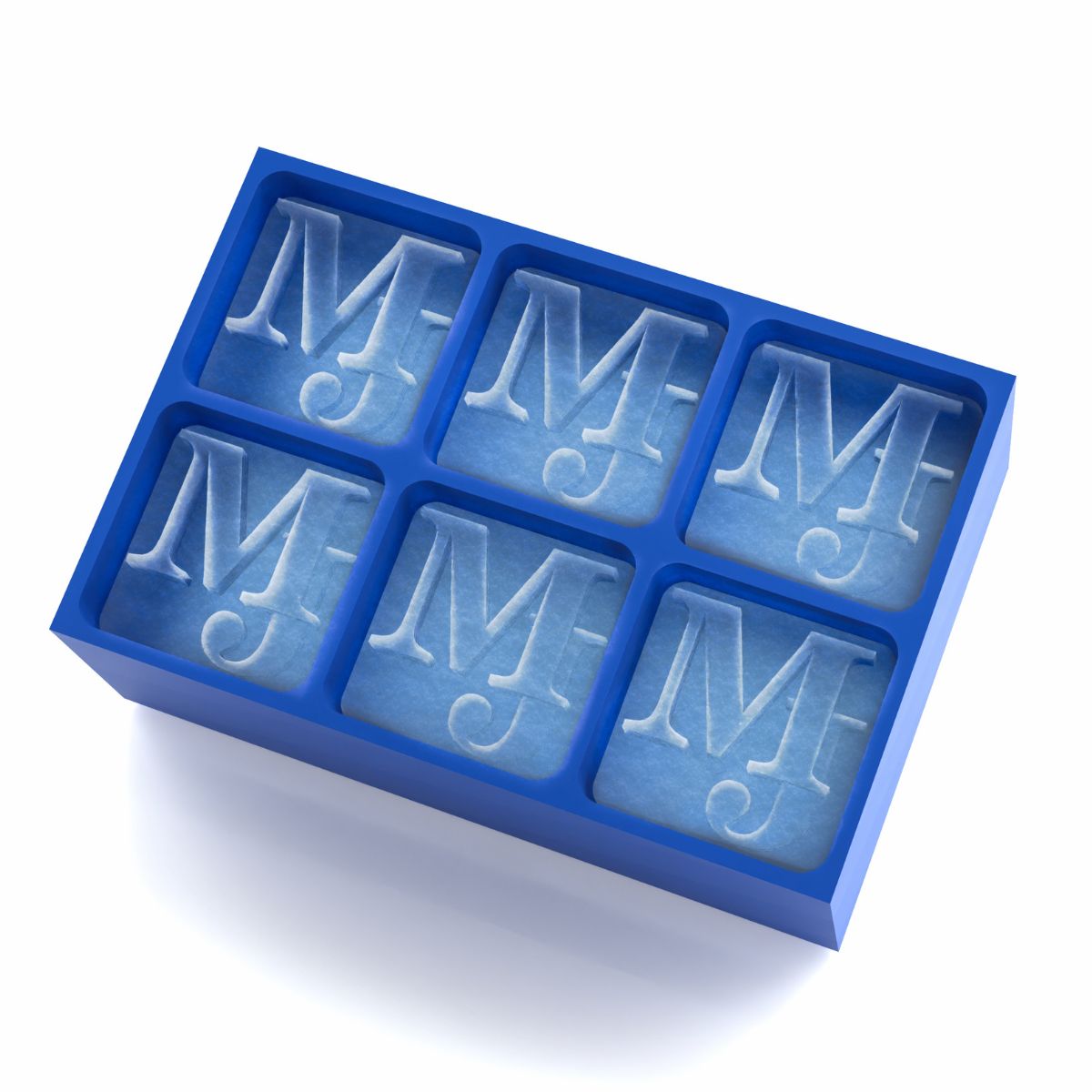 Custom platinum-silicone ice tray in royal blue creating MJ monogram ice cubes, perfect personalised barware for cocktails and whisky lovers