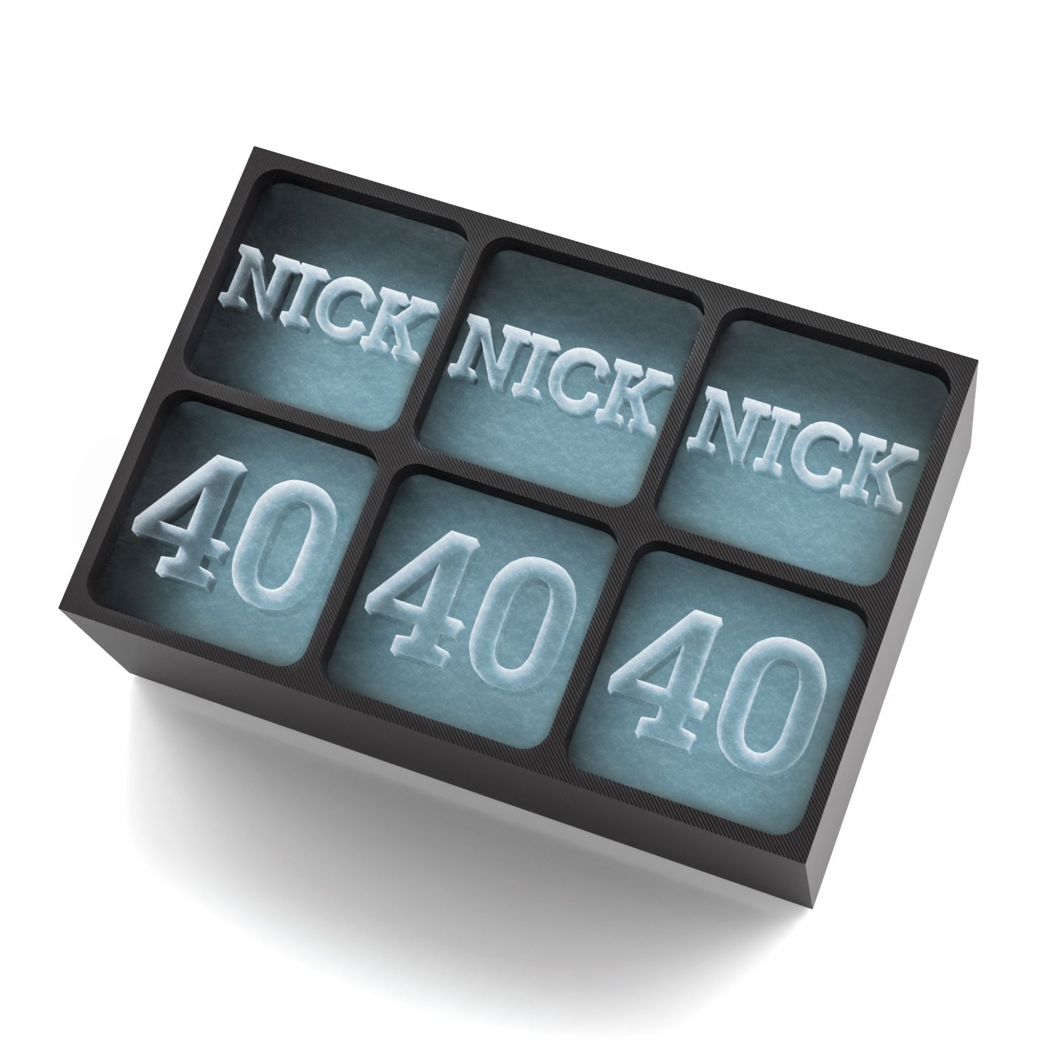 Black custom ice tray with frosted “NICK” and “40” cubes – a unique 40th birthday gift idea that’s handmade and ready to impress.