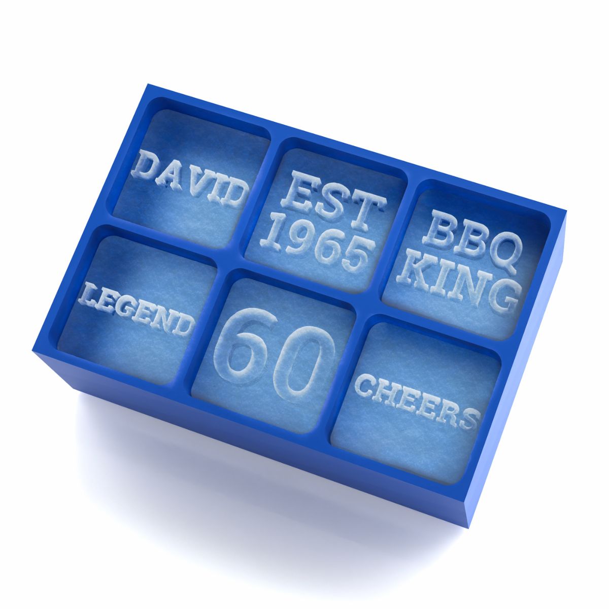 Royal-blue silicone tray forming six big cubes with custom words like DAVID or CHEERS – handmade in Australia for birthdays and parties.