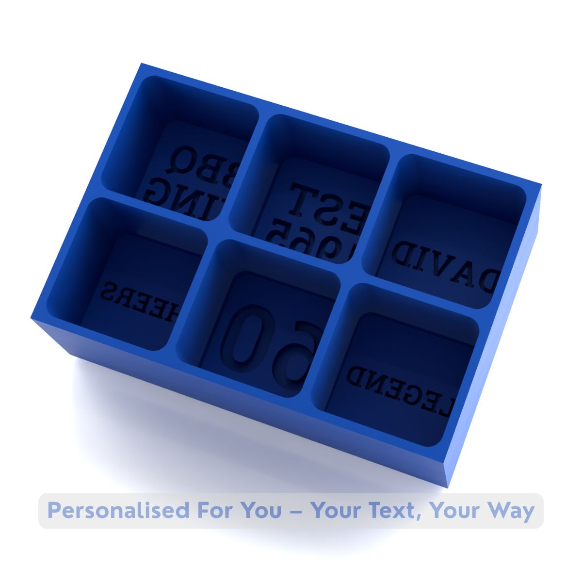 Royal-blue personal message ice tray showing six lightly frosted cubes with raised text: DAVID, EST 1965, BBQ KING, LEGEND, 60 and CHEERS; 6-cube 45 mm mould, handmade in Australia.