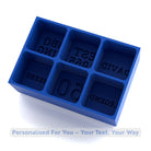 Royal-blue personal message ice tray showing six lightly frosted cubes with raised text: DAVID, EST 1965, BBQ KING, LEGEND, 60 and CHEERS; 6-cube 45 mm mould, handmade in Australia.