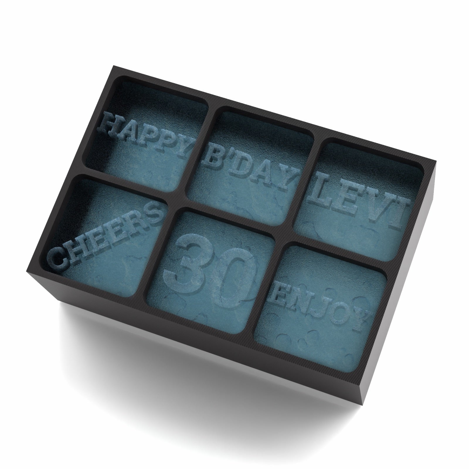 Black 6-cube ice tray with custom 30th birthday message including “Happy B’Day Levi”, “Cheers”, and “Enjoy” engraved on blue ice cubes.