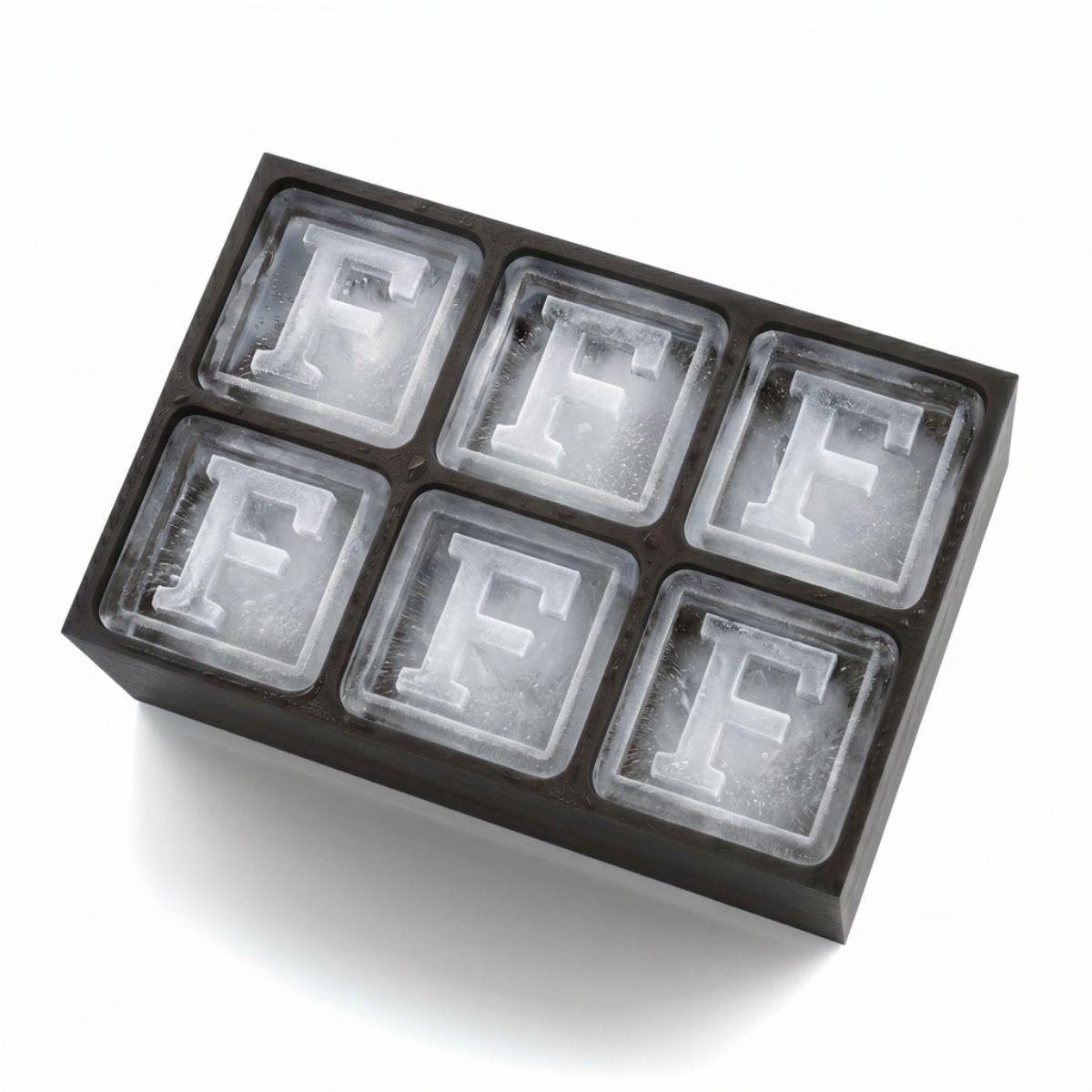 Black 6-cube silicone ice tray featuring raised letter F ice cubes, ideal for bold and personalised gifting