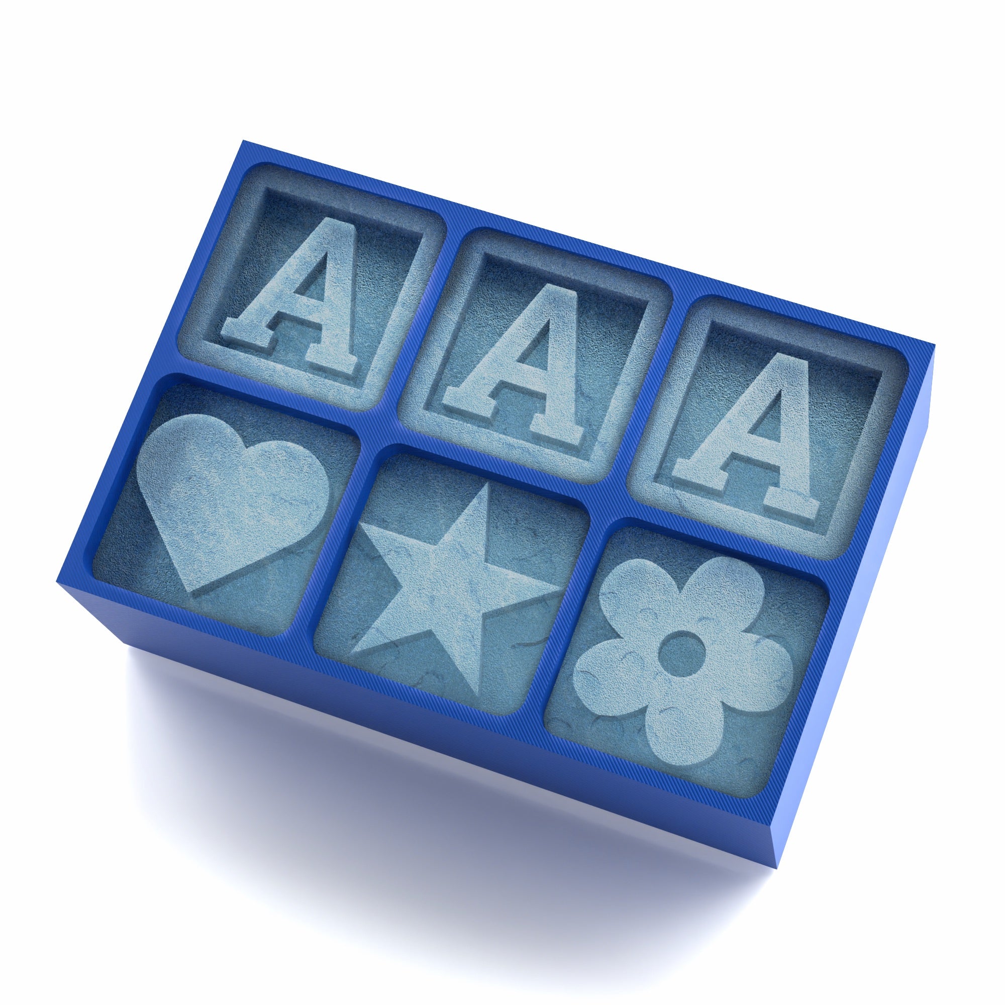 Blue custom ice cube tray with triple "A" letters and cheerful heart, star, and flower icons – perfect for birthdays or thoughtful gifts.