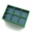 A Green 6-cube custom silicone ice tray featuring the words “JACK” and “ENJOY” embossed on the ice cubes, designed for personalised gifting or barware.