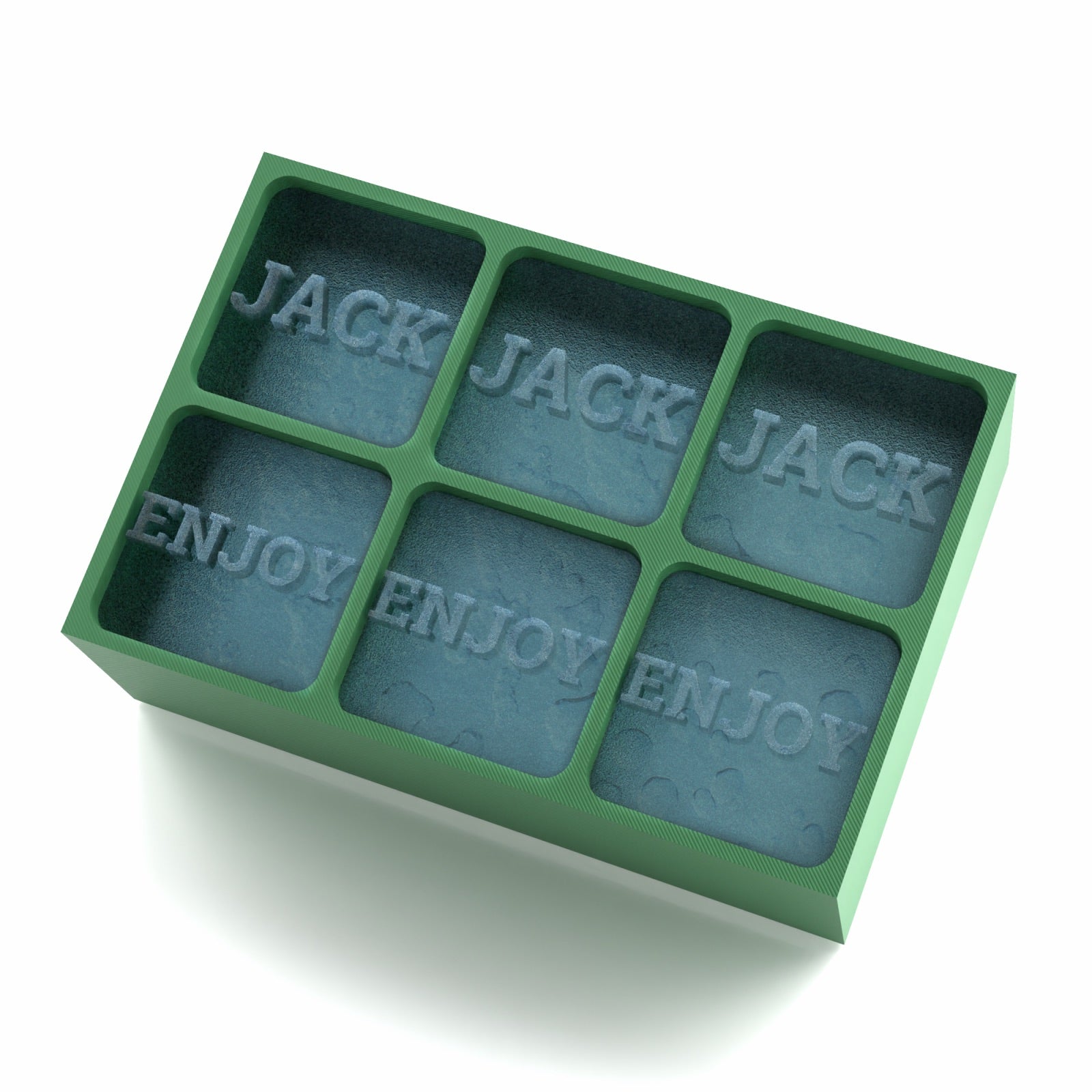 A Green 6-cube custom silicone ice tray featuring the words “JACK” and “ENJOY” embossed on the ice cubes, designed for personalised gifting or barware.