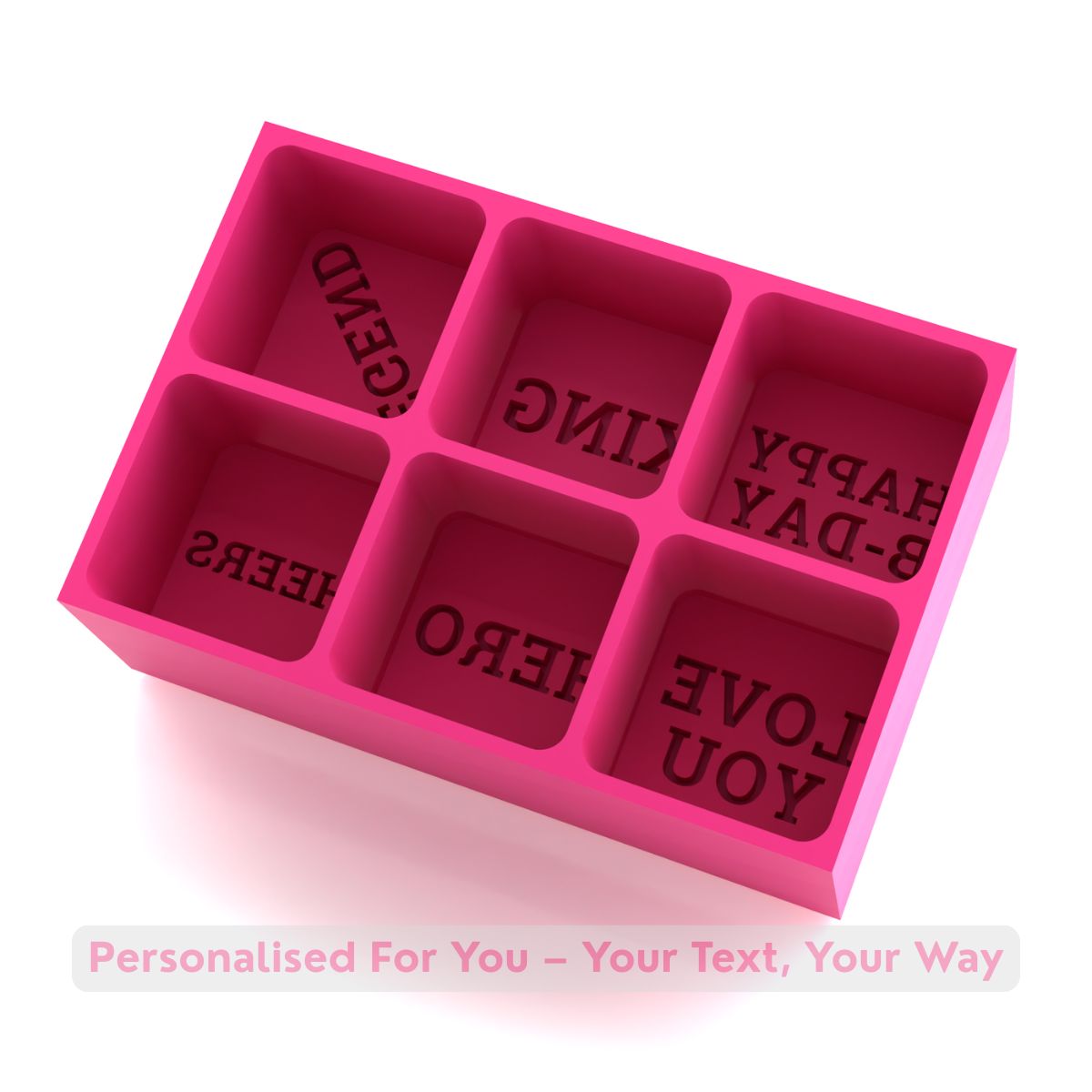 Bright pink silicone ice cube tray with six customisable cube moulds, each designed to freeze unique words or phrases into ice, handmade in Australia.