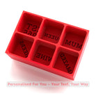 Red handmade 6-cube silicone tray with engraved reversed lettering, captioned “Your Text, Your Way.” A bold, customisable gift for Mum.