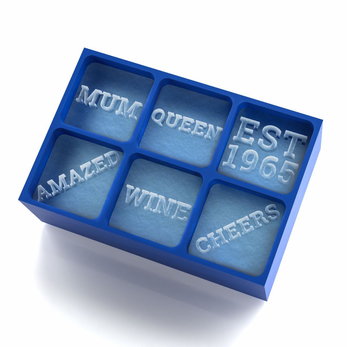 Blue 6-cube personalised ice tray showing words MUM, QUEEN, EST 1985, AMAZED, WINE, and CHEERS frozen in ice — a heartfelt handmade gift for Mum.