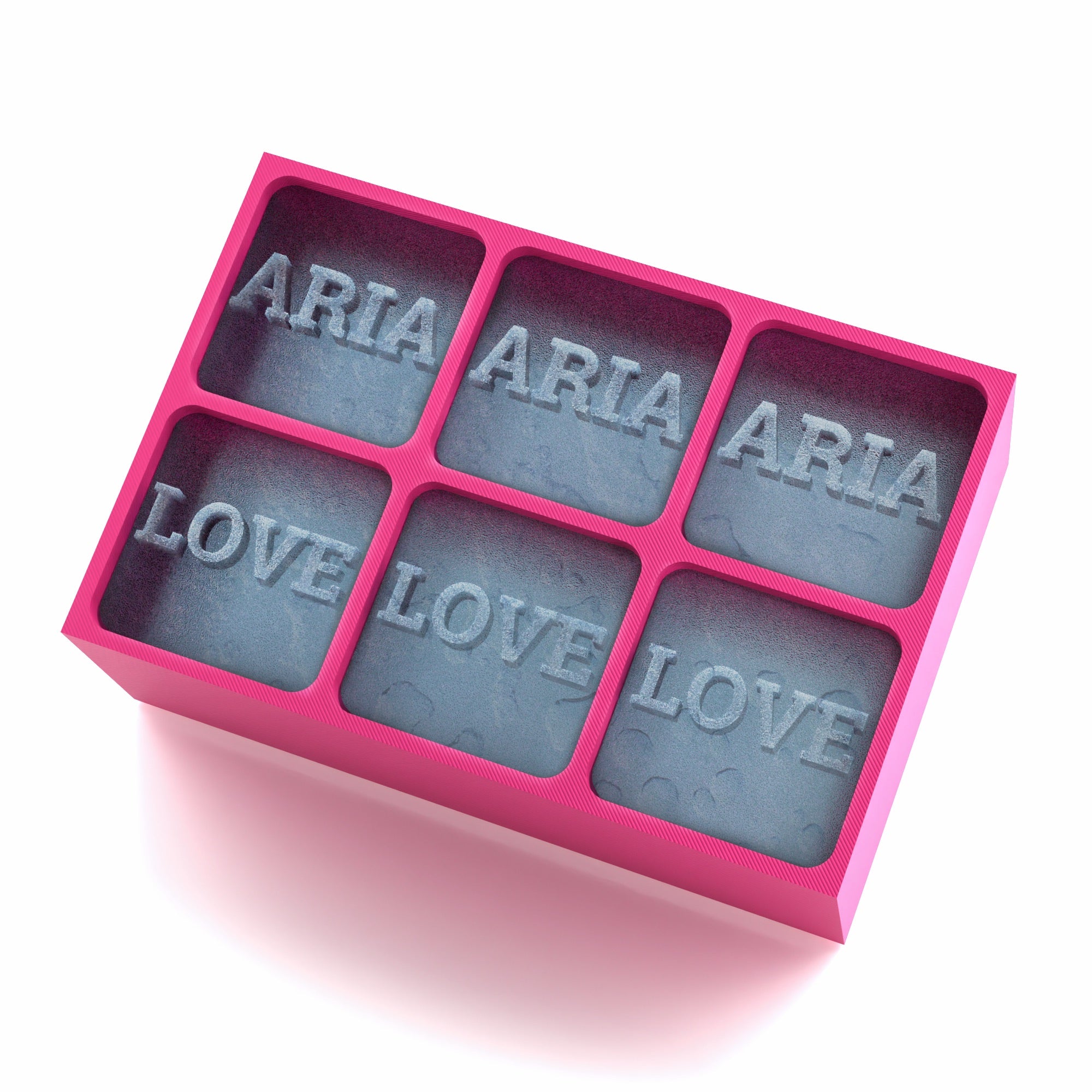 Feminine pink ice tray showing personalised ARIA and LOVE designs in frosted ice cubes.