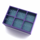 A purple 6-cube custom silicone ice tray featuring the words “JACK” and “ENJOY” embossed on the ice cubes, designed for personalised gifting or barware.