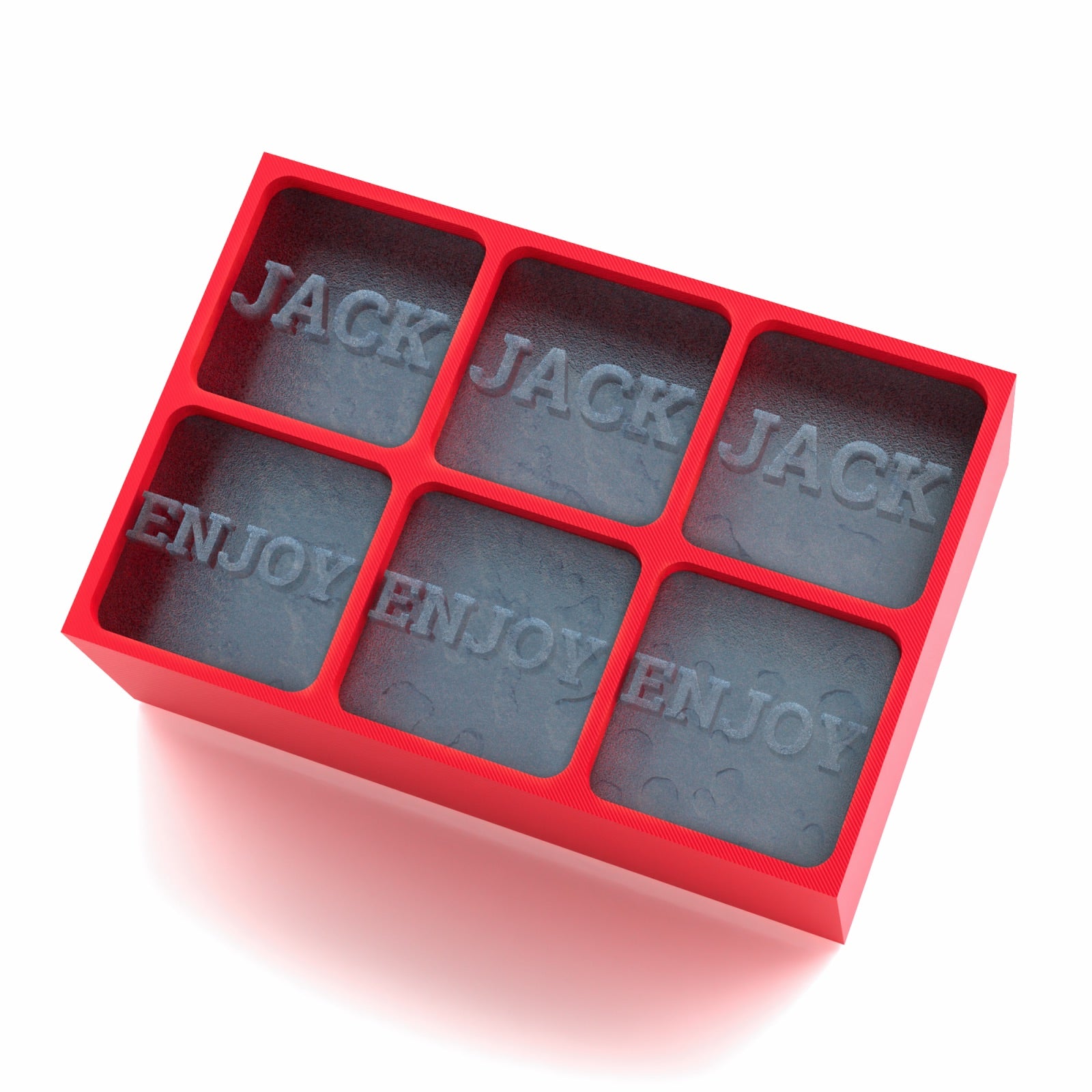 A red 6-cube custom silicone ice tray featuring the words “JACK” and “ENJOY” embossed on the ice cubes, designed for personalised gifting or barware.