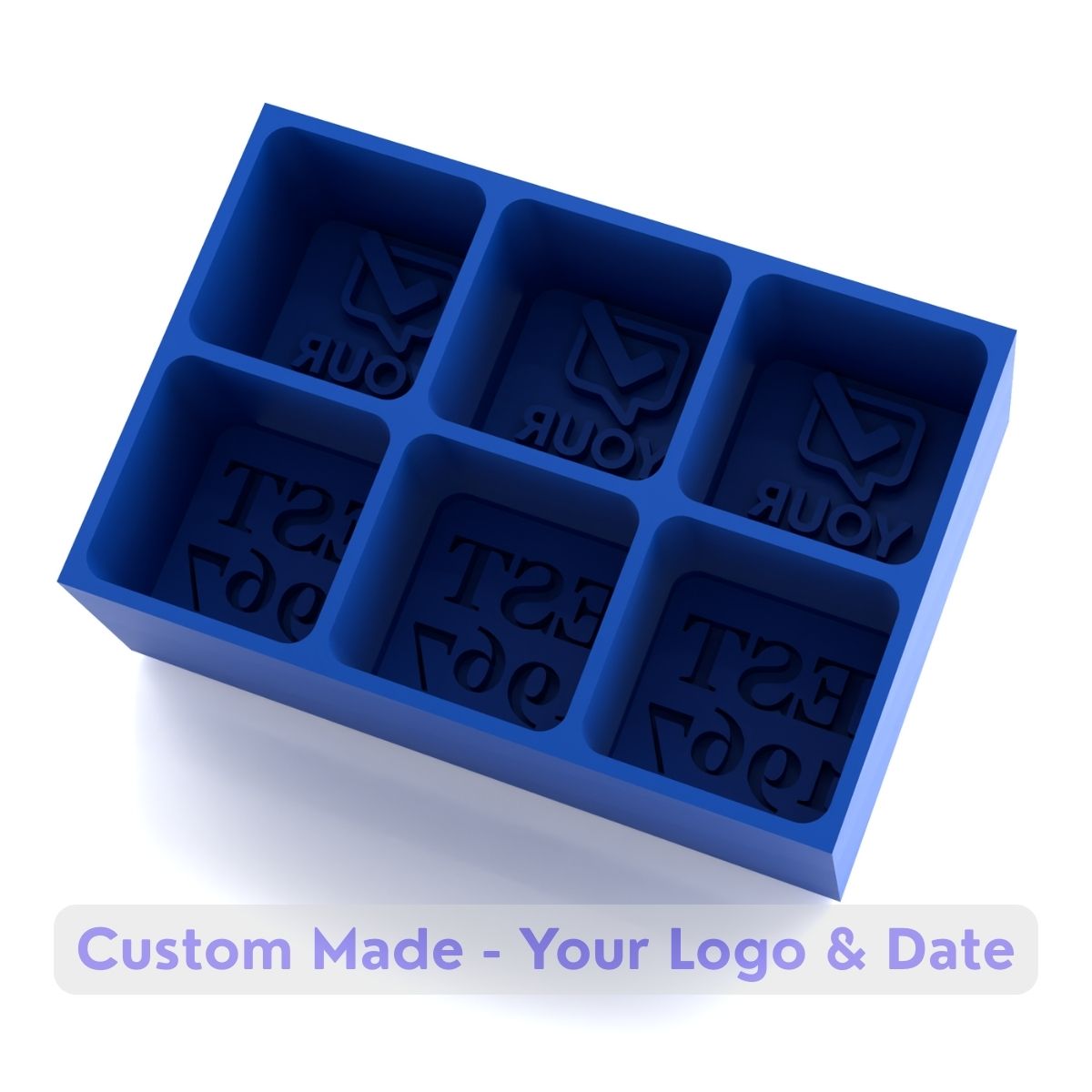 Empty blue silicone ice tray mold showing YOUR LOGO and EST 1967 custom text compartments for personalized ice cubes