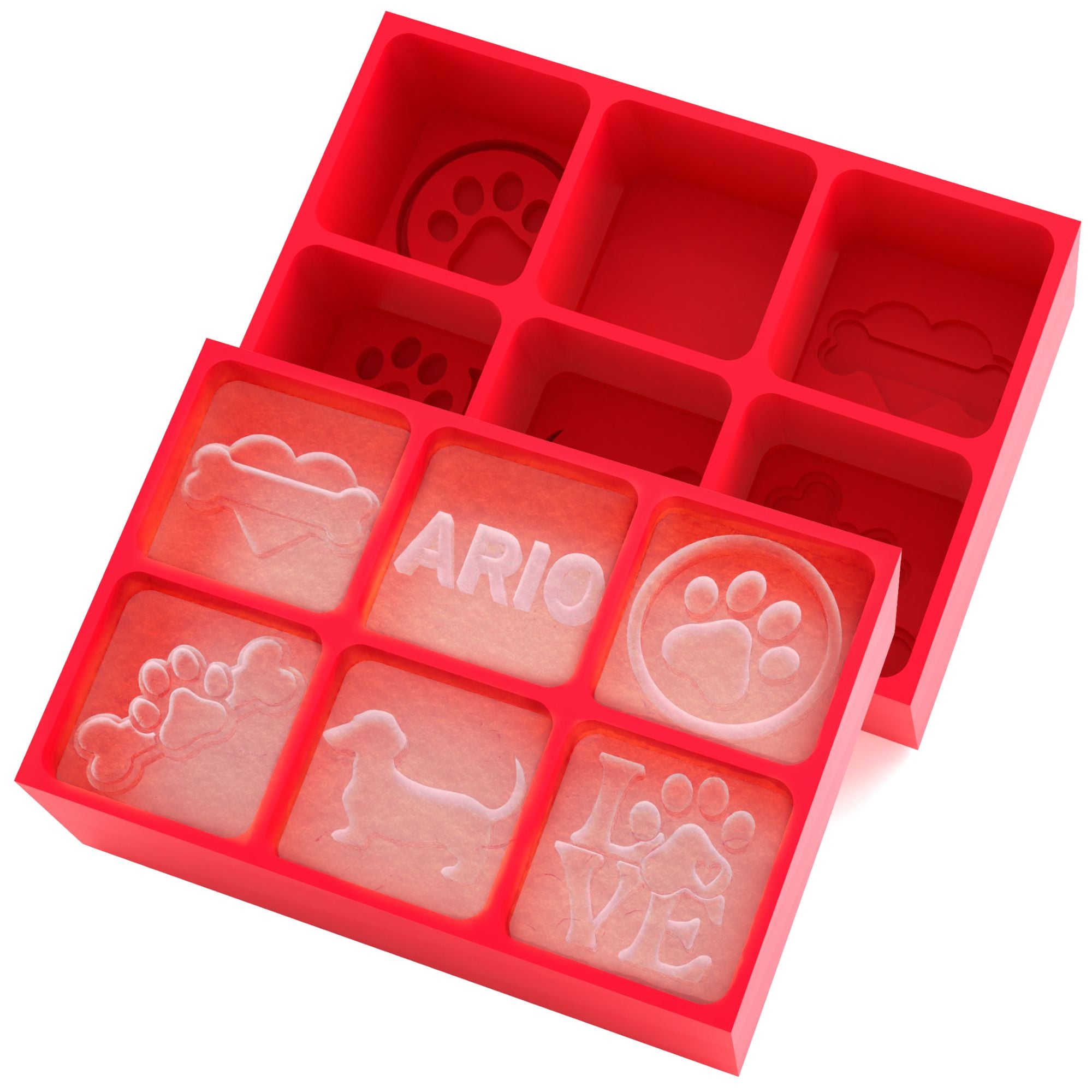 Red 6-cube silicone tray with paw prints, dog silhouette, and ARIO text — custom pet-themed ice cubes for gifts and branding.