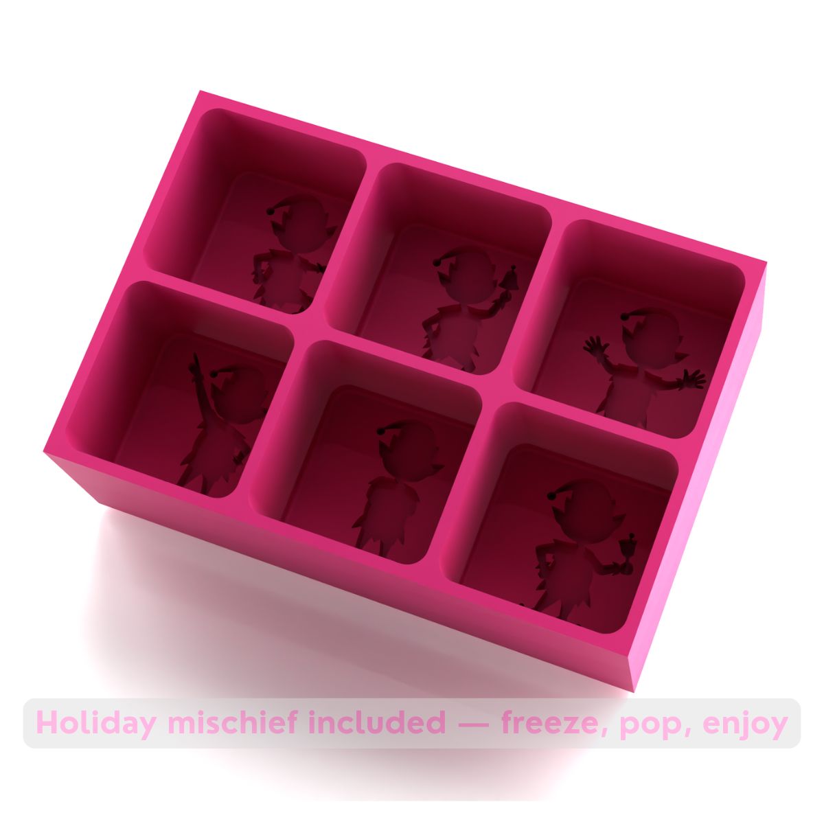 Hot pink silicone elf ice tray with six playful elf-shaped moulds designed for slow-melting cocktail ice during holiday celebrations.